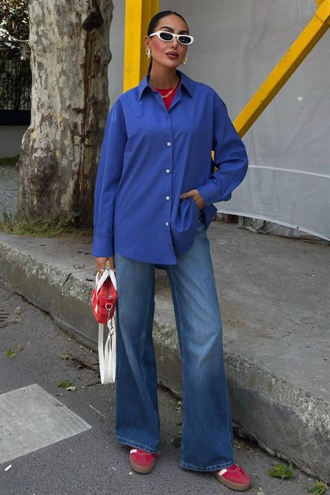 Klasik Oversize Poplin Gömlek 3421 LACİVERT L