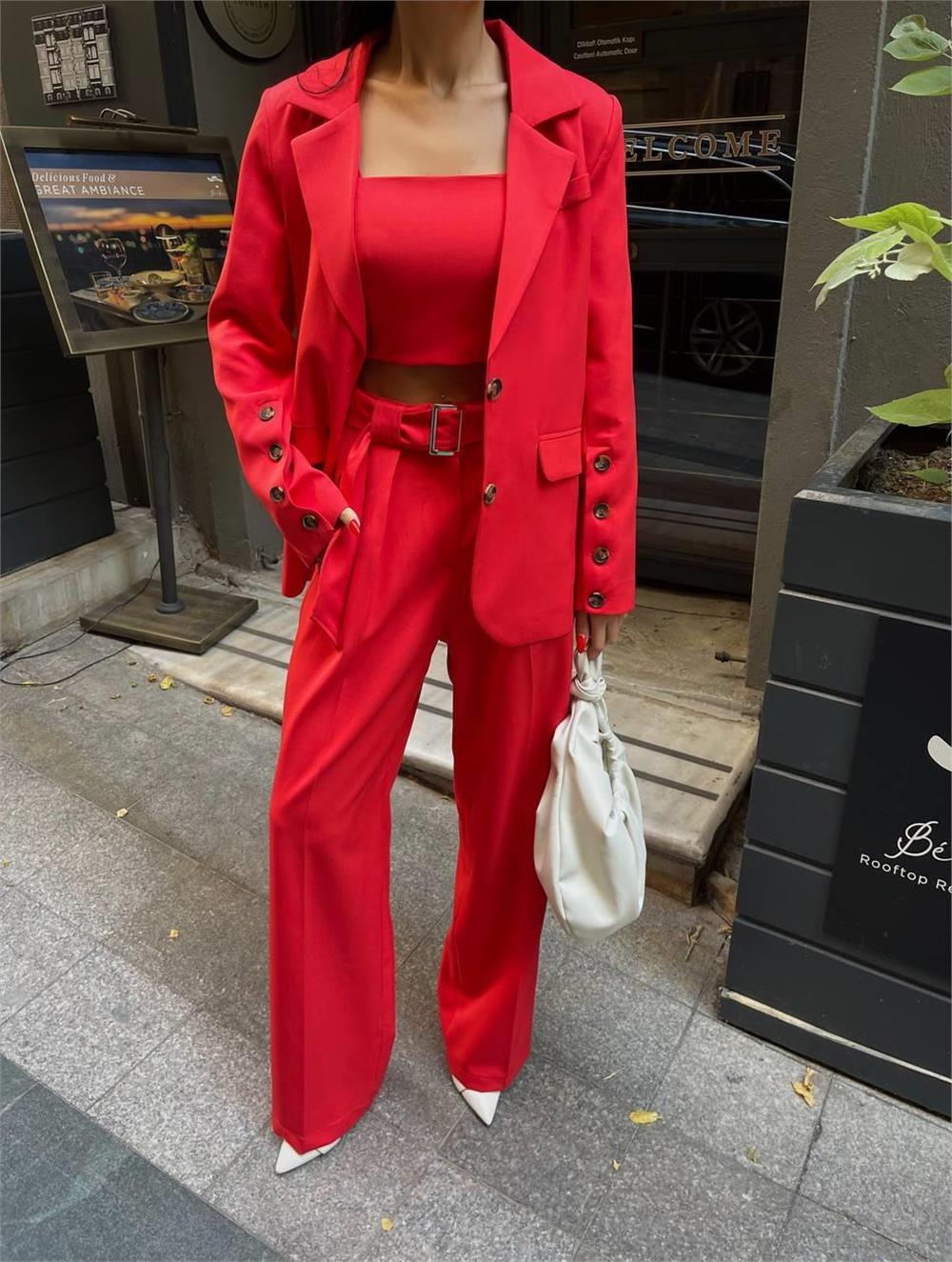 KOL 4 DÜĞME -  BÜSTİYERLİ 3 CEKET PANTOLON TAKIM - Nar