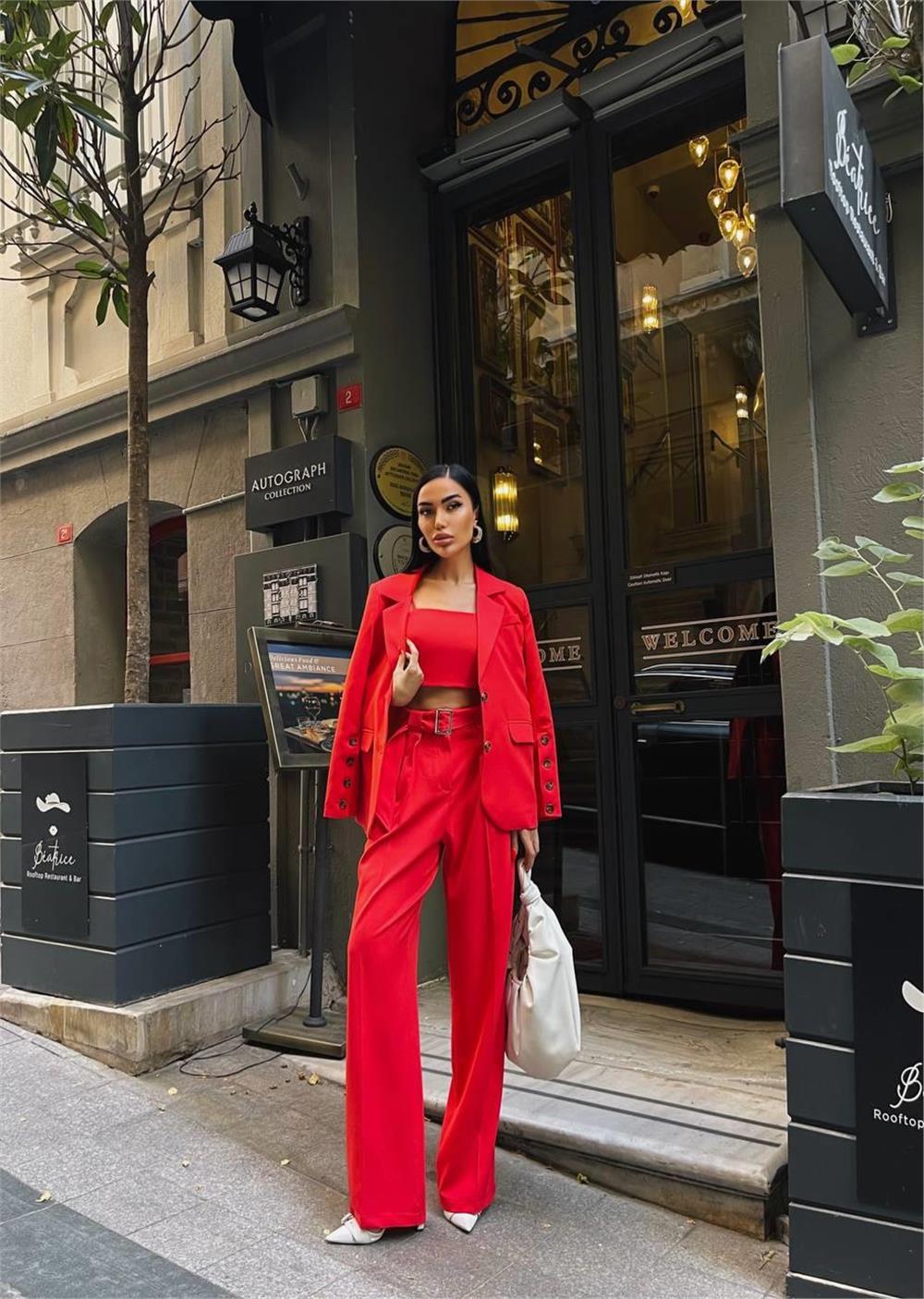 KOL 4 DÜĞME -  BÜSTİYERLİ 3 CEKET PANTOLON TAKIM - Nar