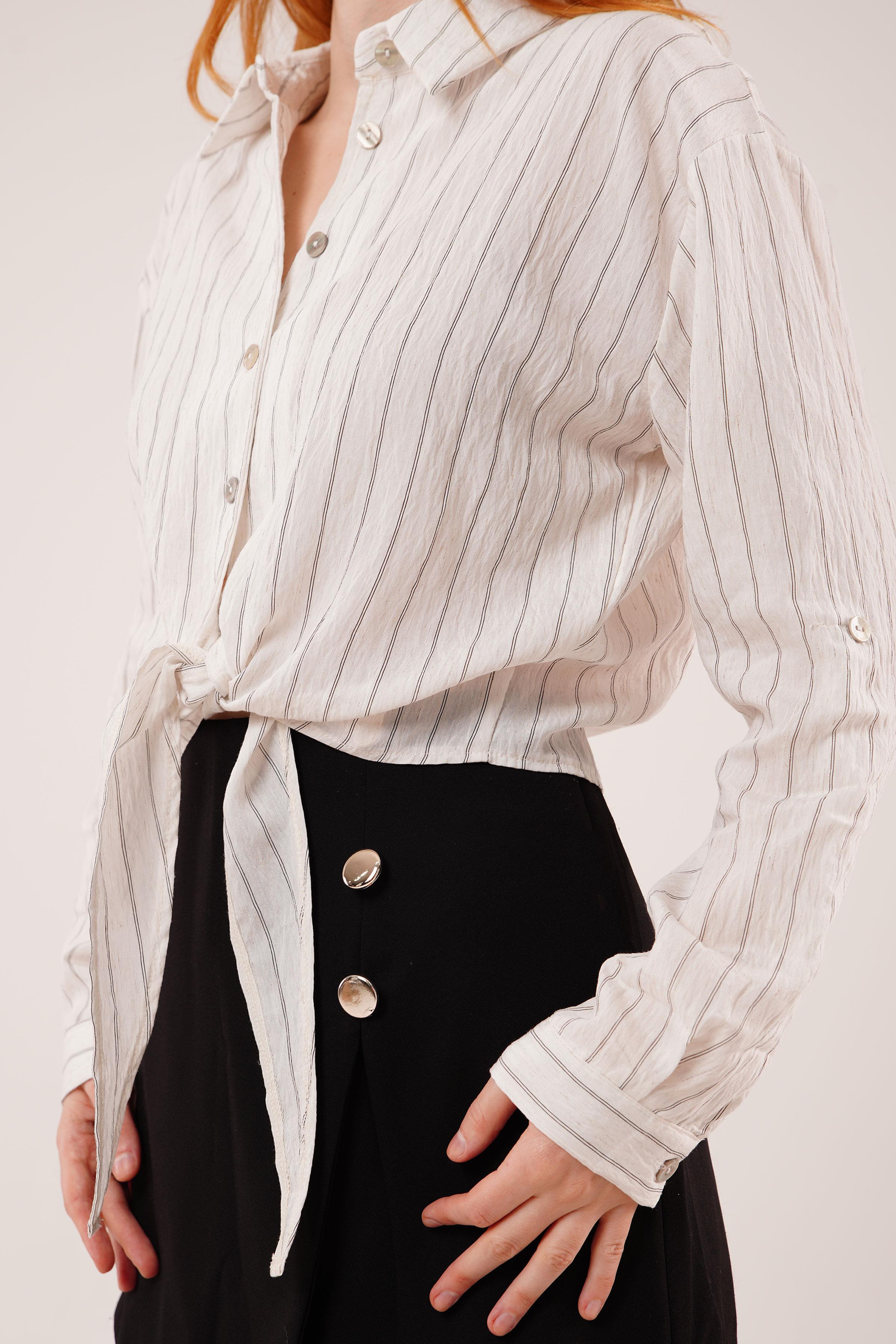 Kol Detaylı Bağlamalı Çizgili Toptan Beyaz Gömlek