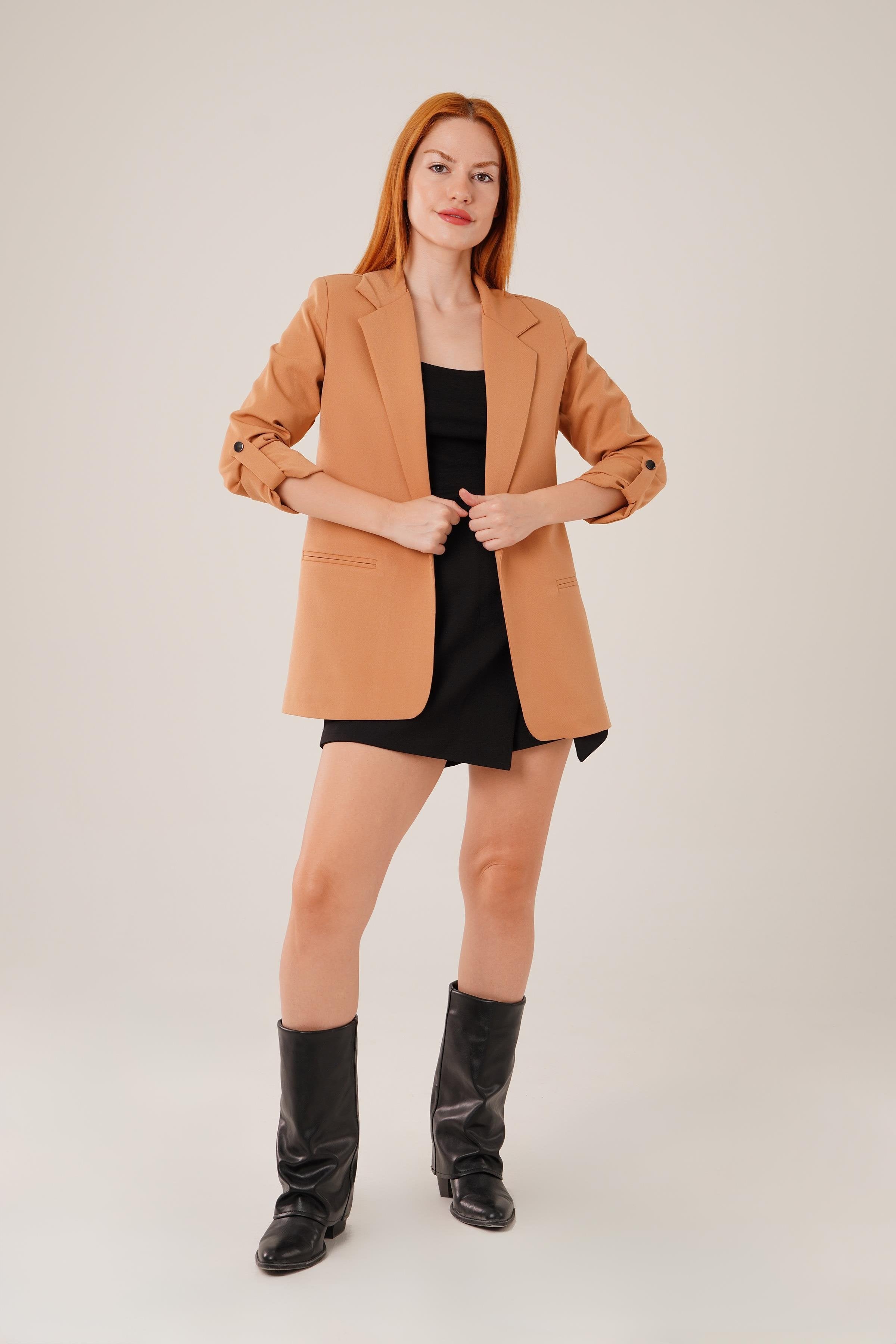 Kol Katlama Detaylı Toptan Camel Blazer Ceket