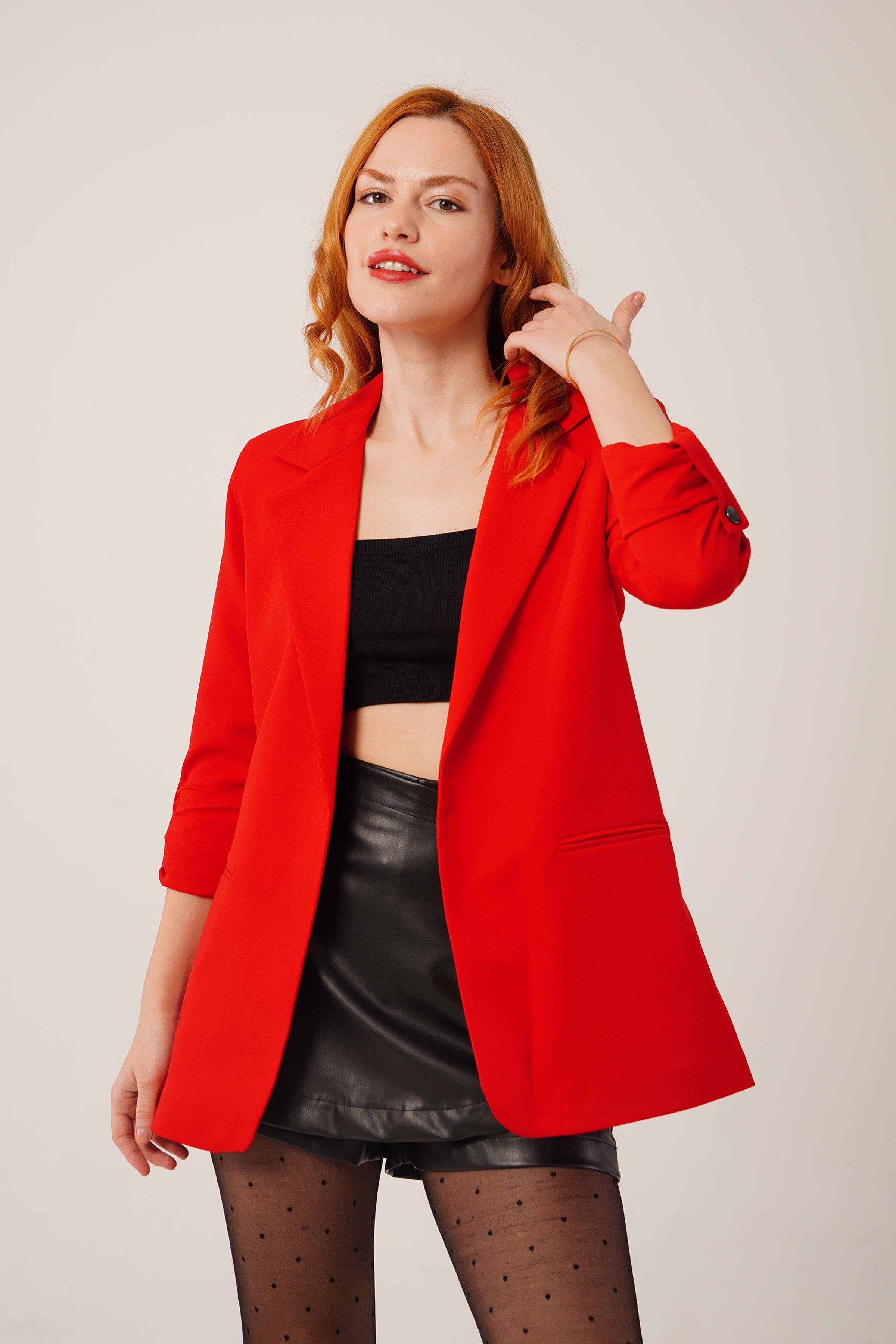 Kol Katlama Detaylı Toptan Kırmızı Blazer Ceket Kırmızı S