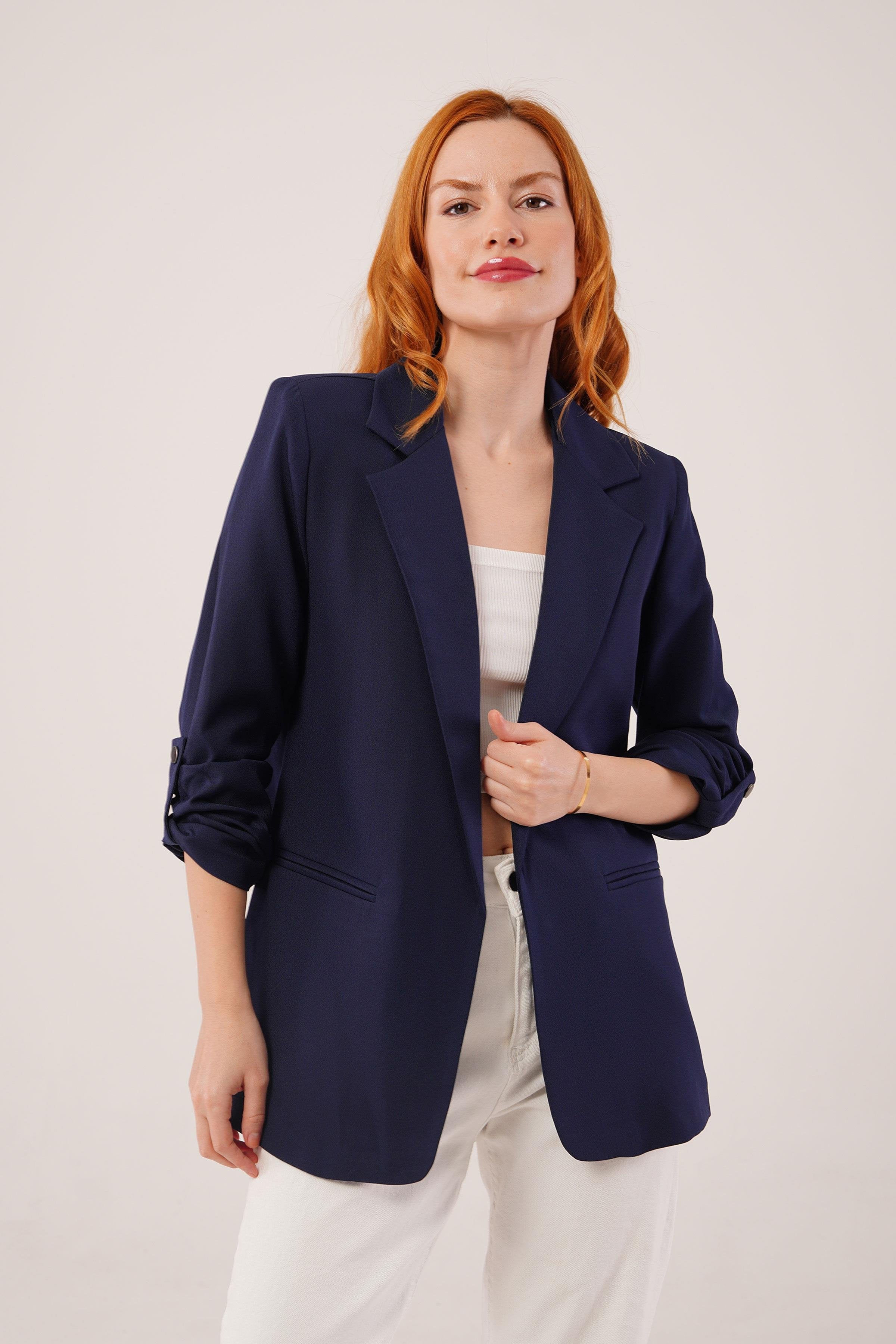 Kol Katlama Detaylı Toptan Lacivert Blazer Ceket Lacivert S