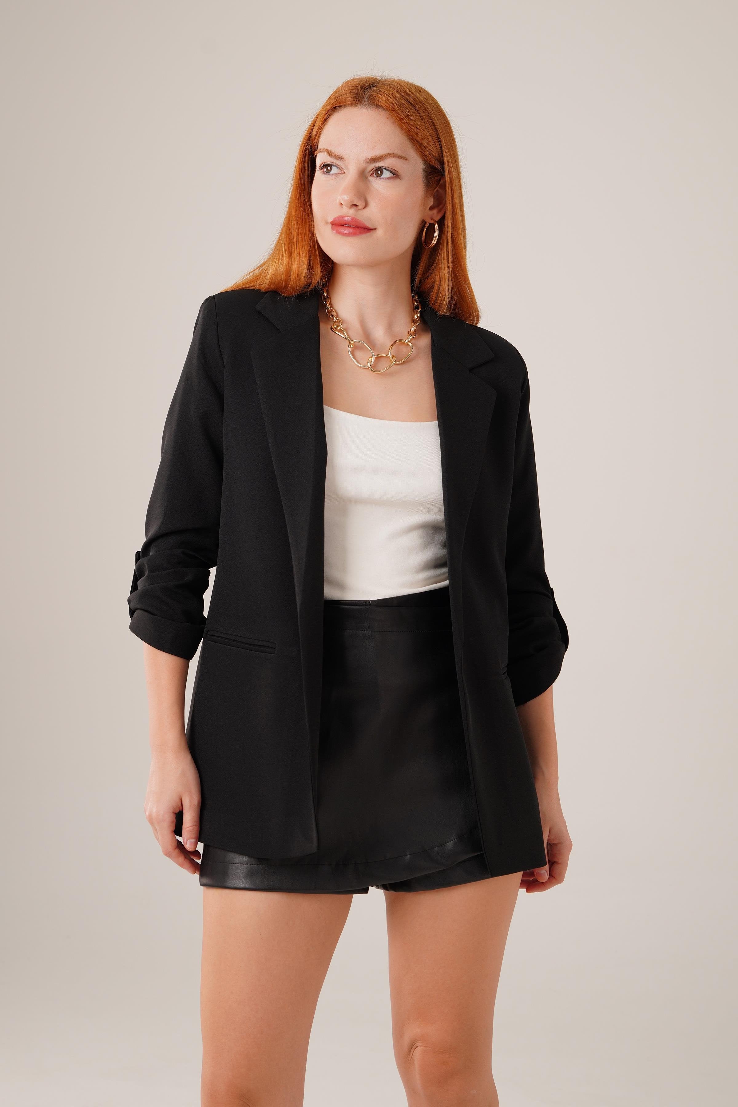 Kol Katlama Detaylı Toptan Siyah Blazer Ceket Siyah S