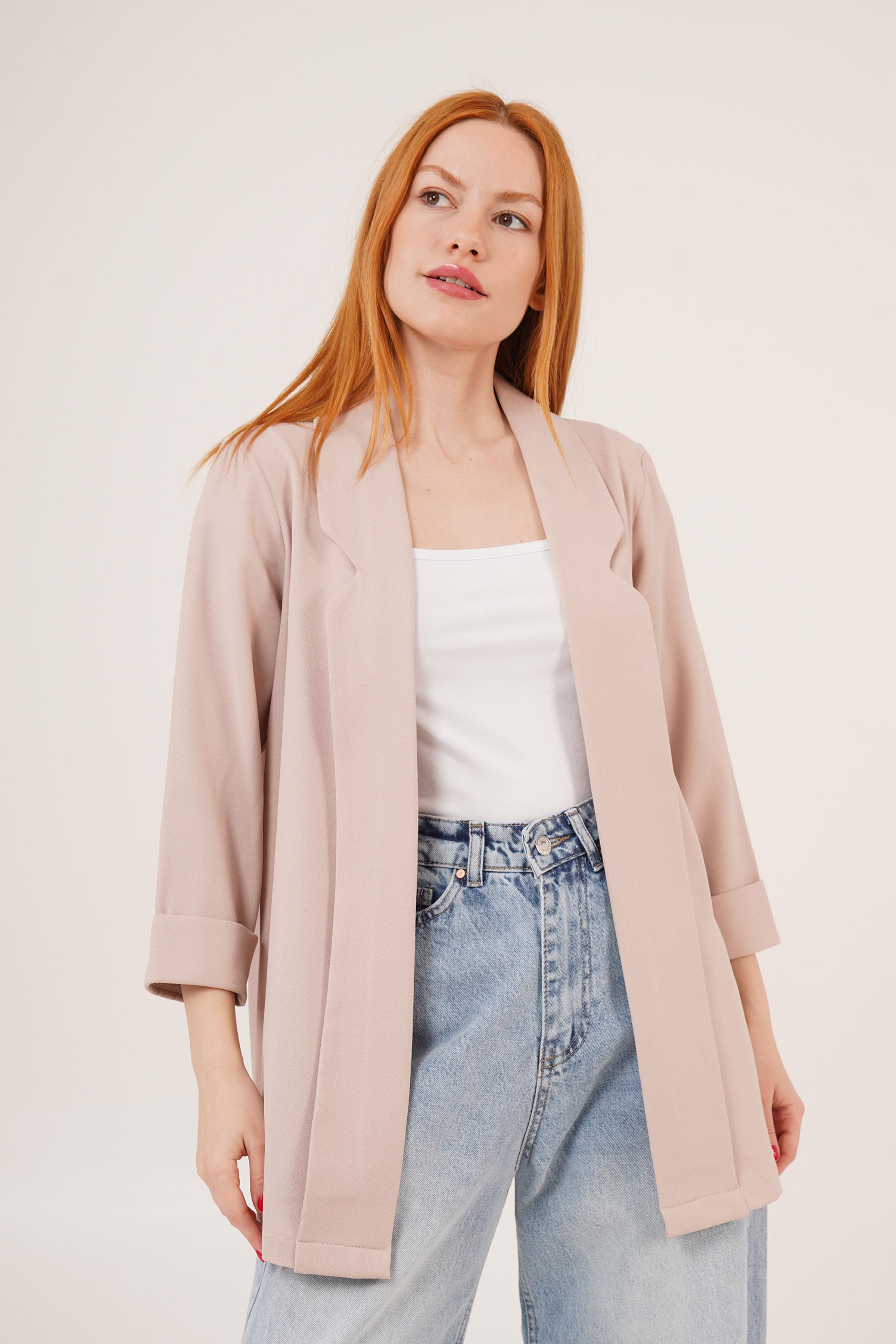 Kol Katlama Dikiş Detaylı Bej Toptan Yazlık Blazer Ceket Bej S
