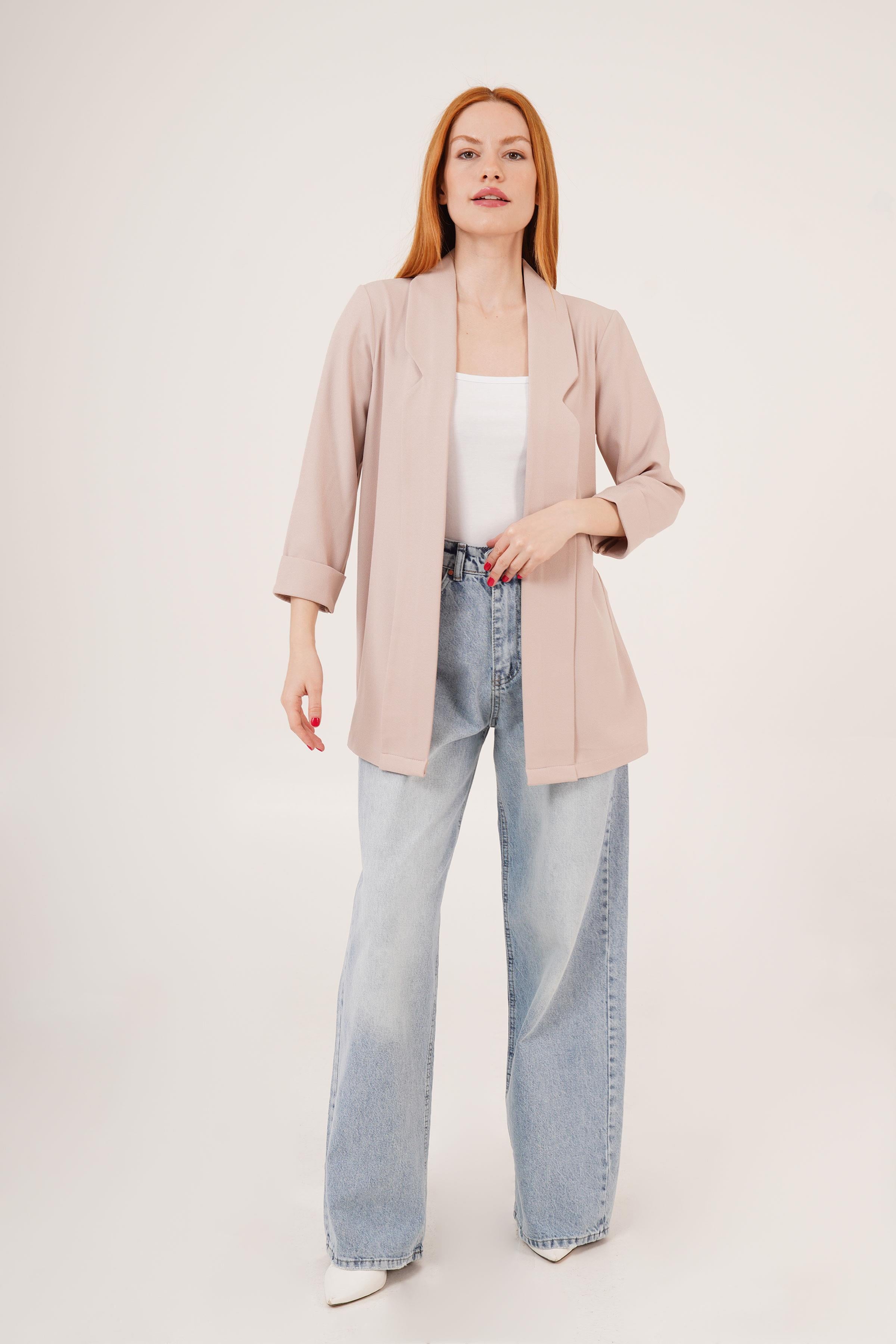 Kol Katlama Dikiş Detaylı Bej Toptan Yazlık Blazer Ceket