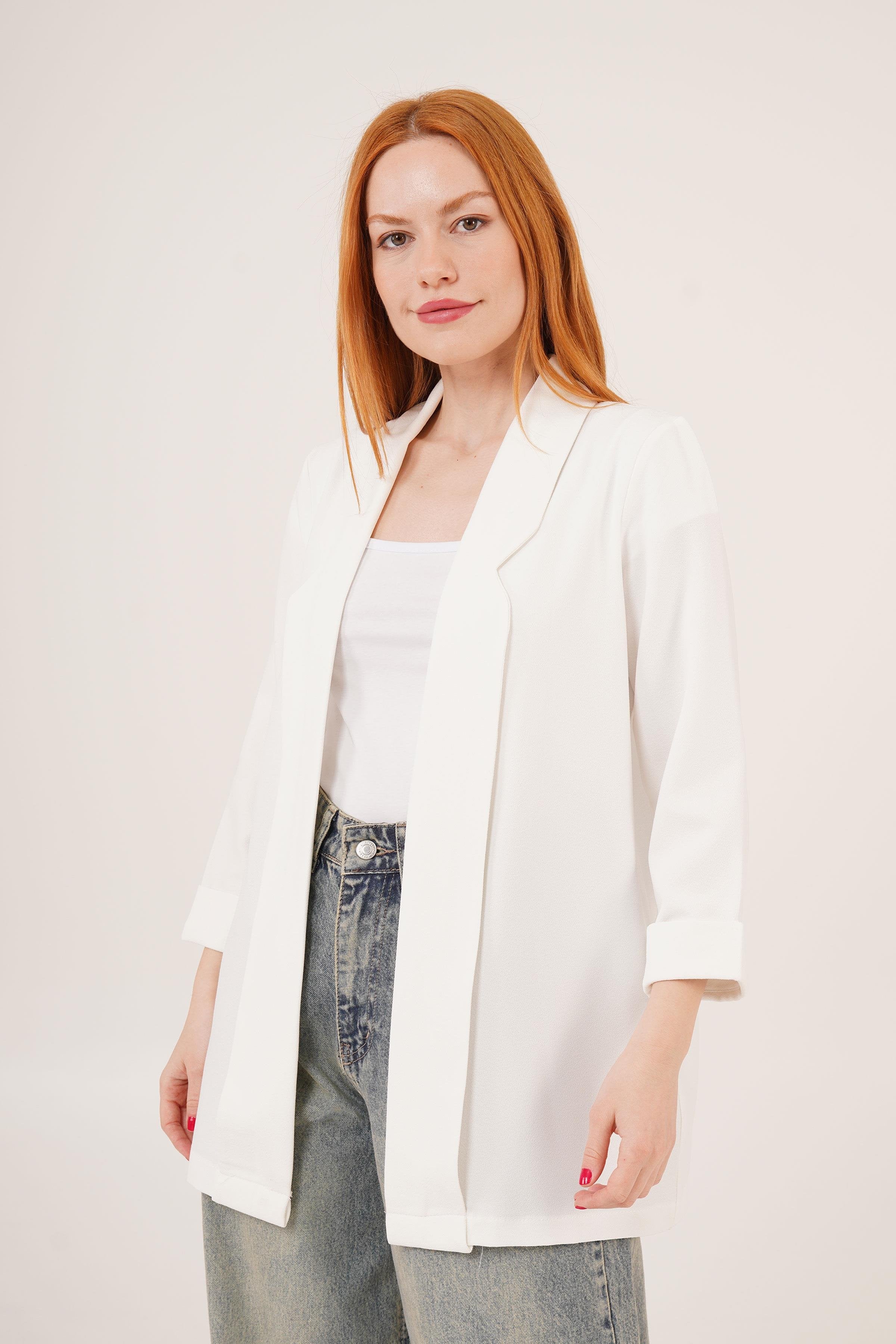 Kol Katlama Dikiş Detaylı Beyaz Toptan Yazlık Blazer Ceket Beyaz S