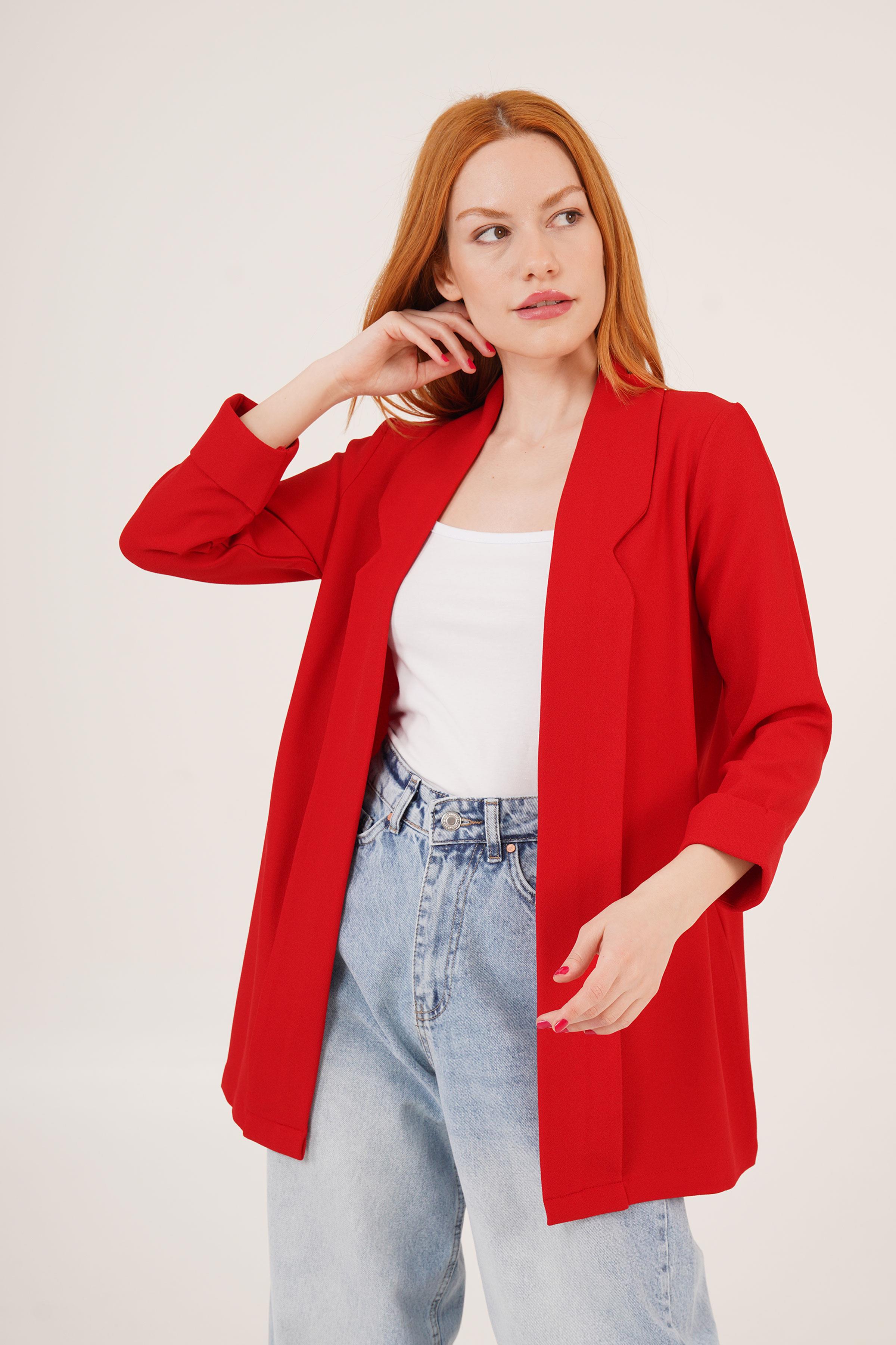 Kol Katlama Dikiş Detaylı Kırmızı Toptan Yazlık Blazer Ceket Beyaz S