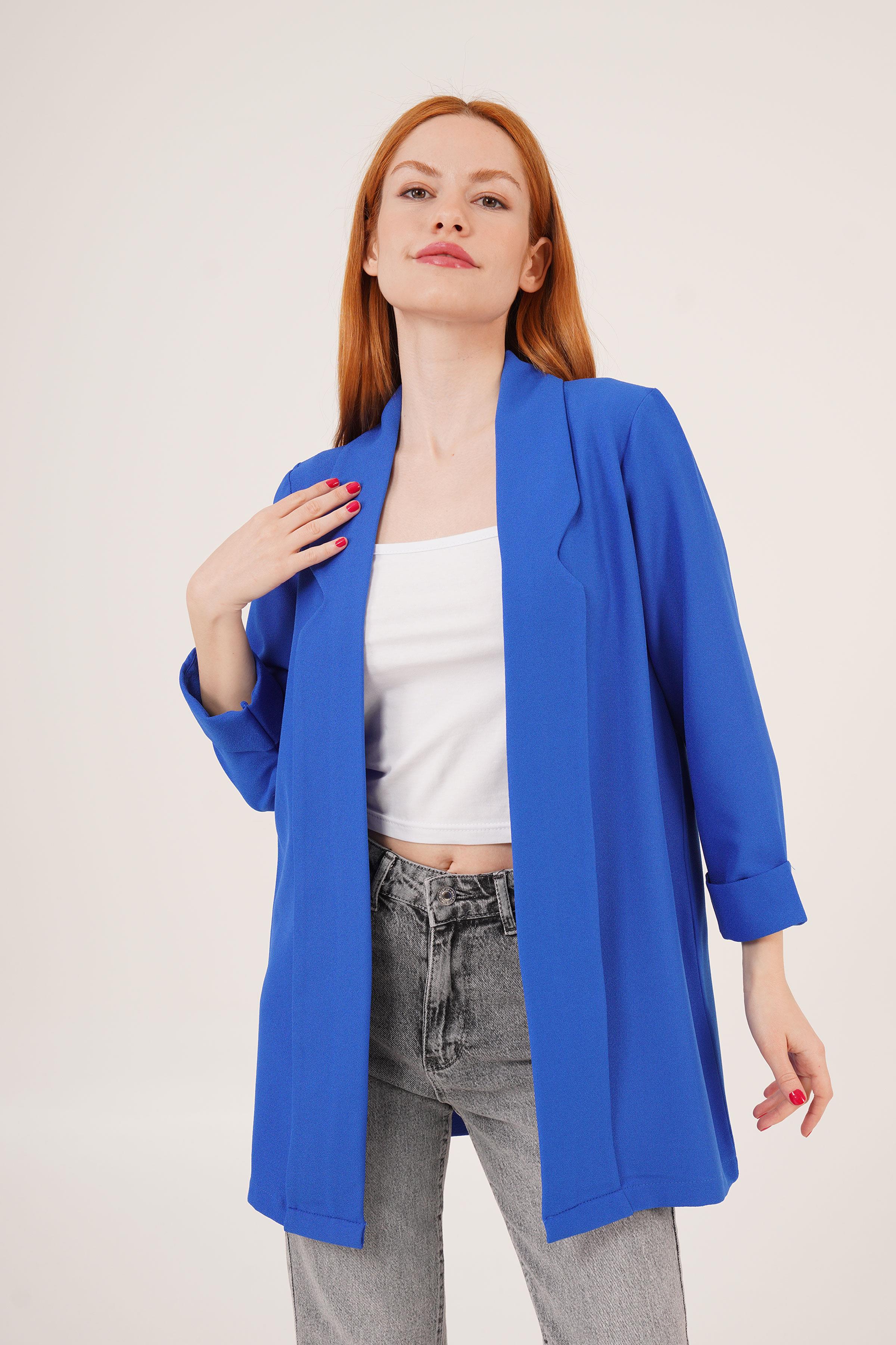 Kol Katlama Dikiş Detaylı Saks Toptan Yazlık Blazer Ceket Saks S