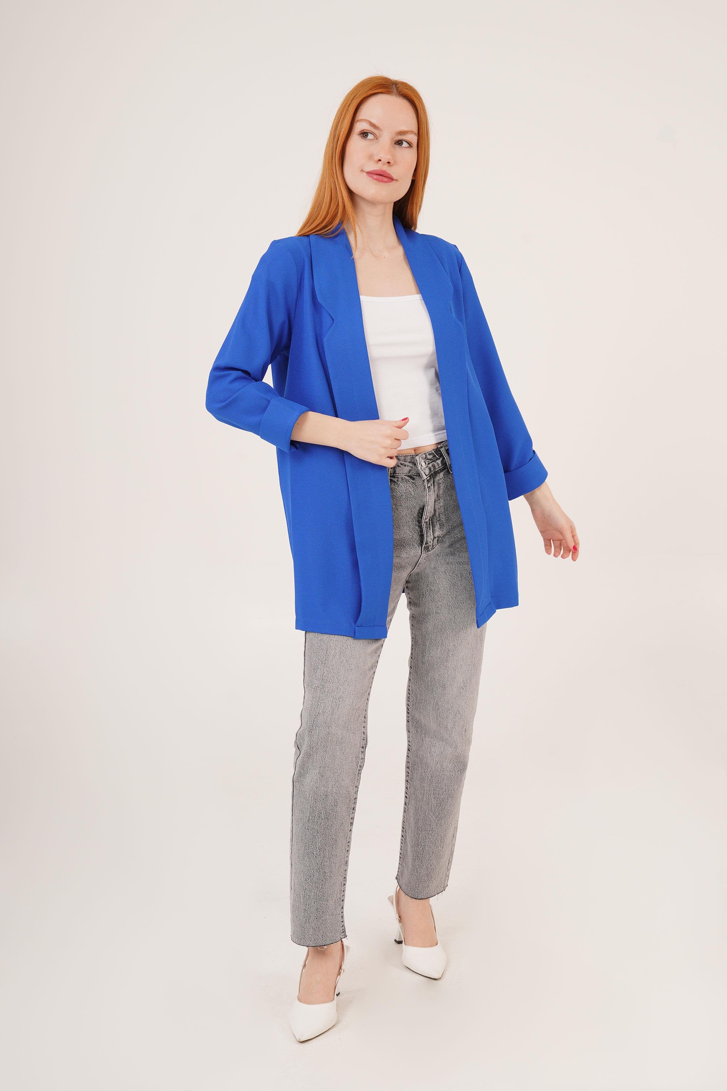 Kol Katlama Dikiş Detaylı Saks Toptan Yazlık Blazer Ceket
