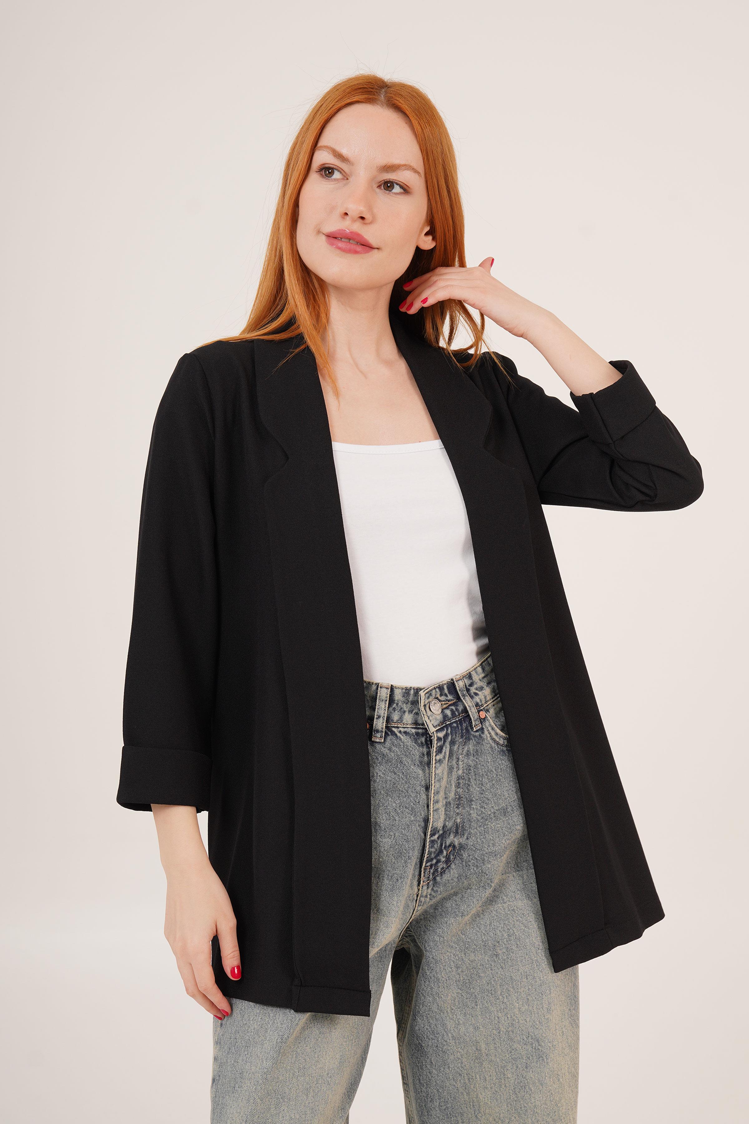 Kol Katlama Dikiş Detaylı Siyah Toptan Yazlık Blazer Ceket Siyah S