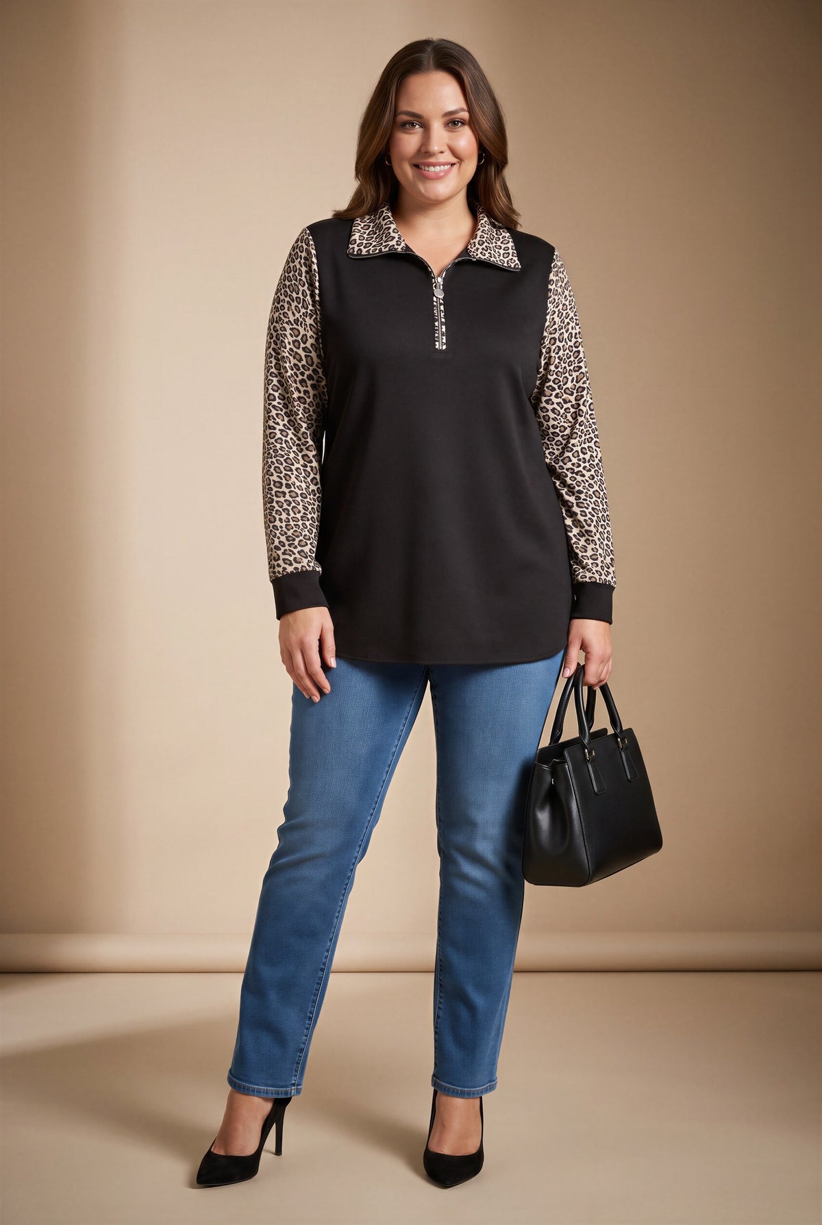 Kol Leopar Desenli Fermuar Yaka Büyük Beden Sweatshirt Siyah