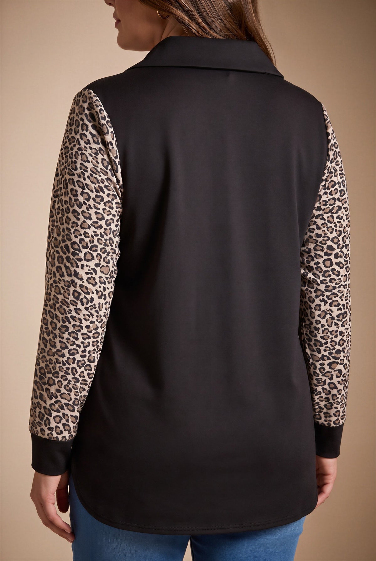 Kol Leopar Desenli Fermuar Yaka Büyük Beden Sweatshirt Siyah