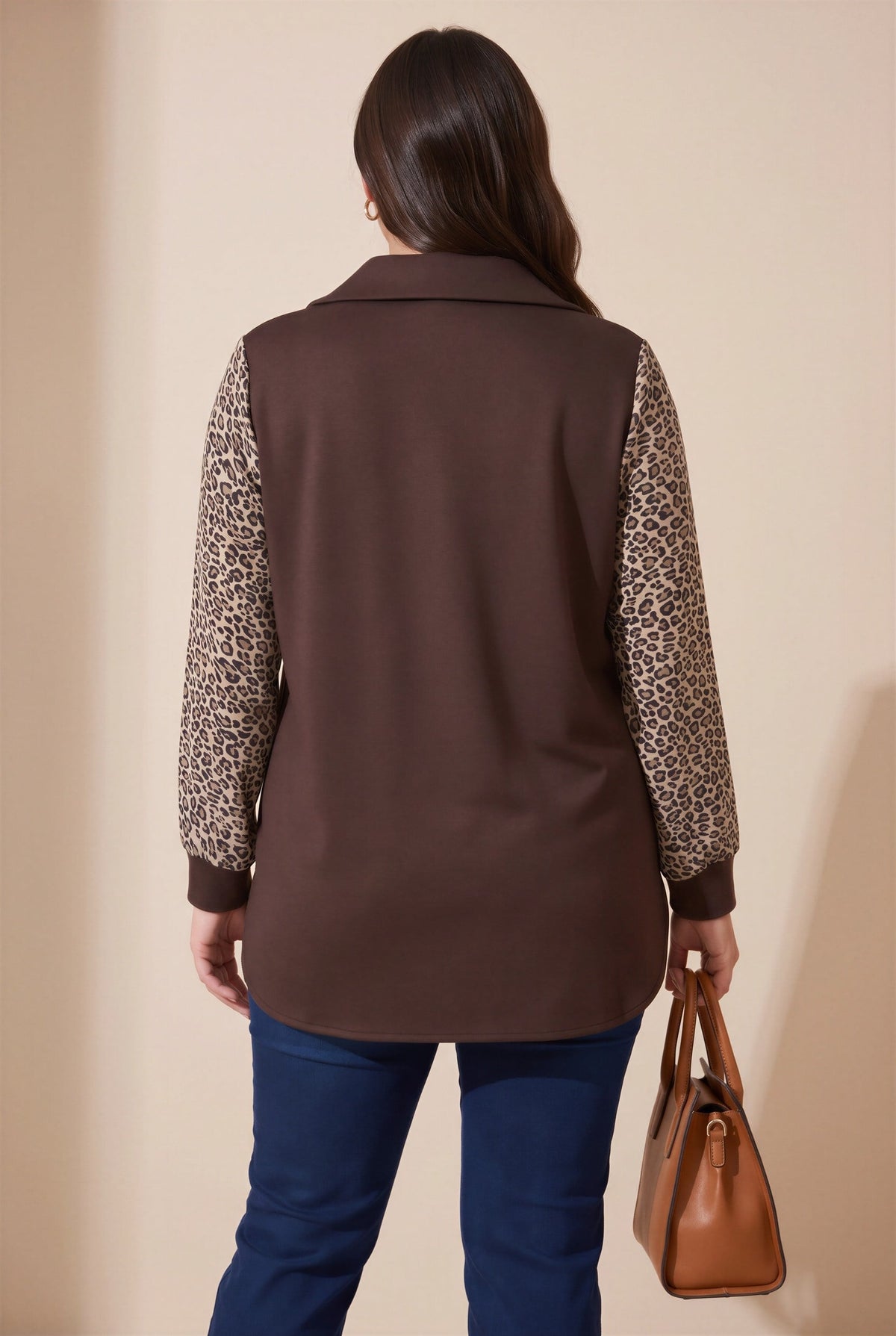Kol Leopar Desenli Fermuar Yaka Büyük Beden Sweatshirt Kahve