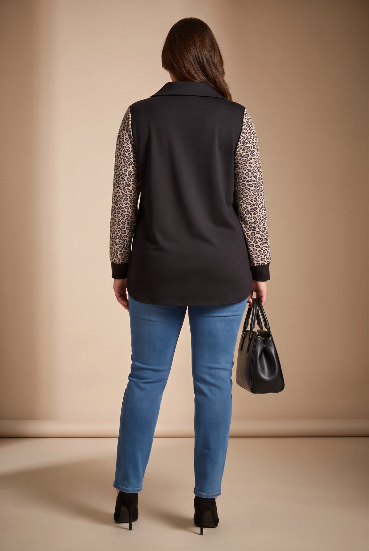 Kol Leopar Desenli Fermuar Yaka Büyük Beden Sweatshirt Siyah