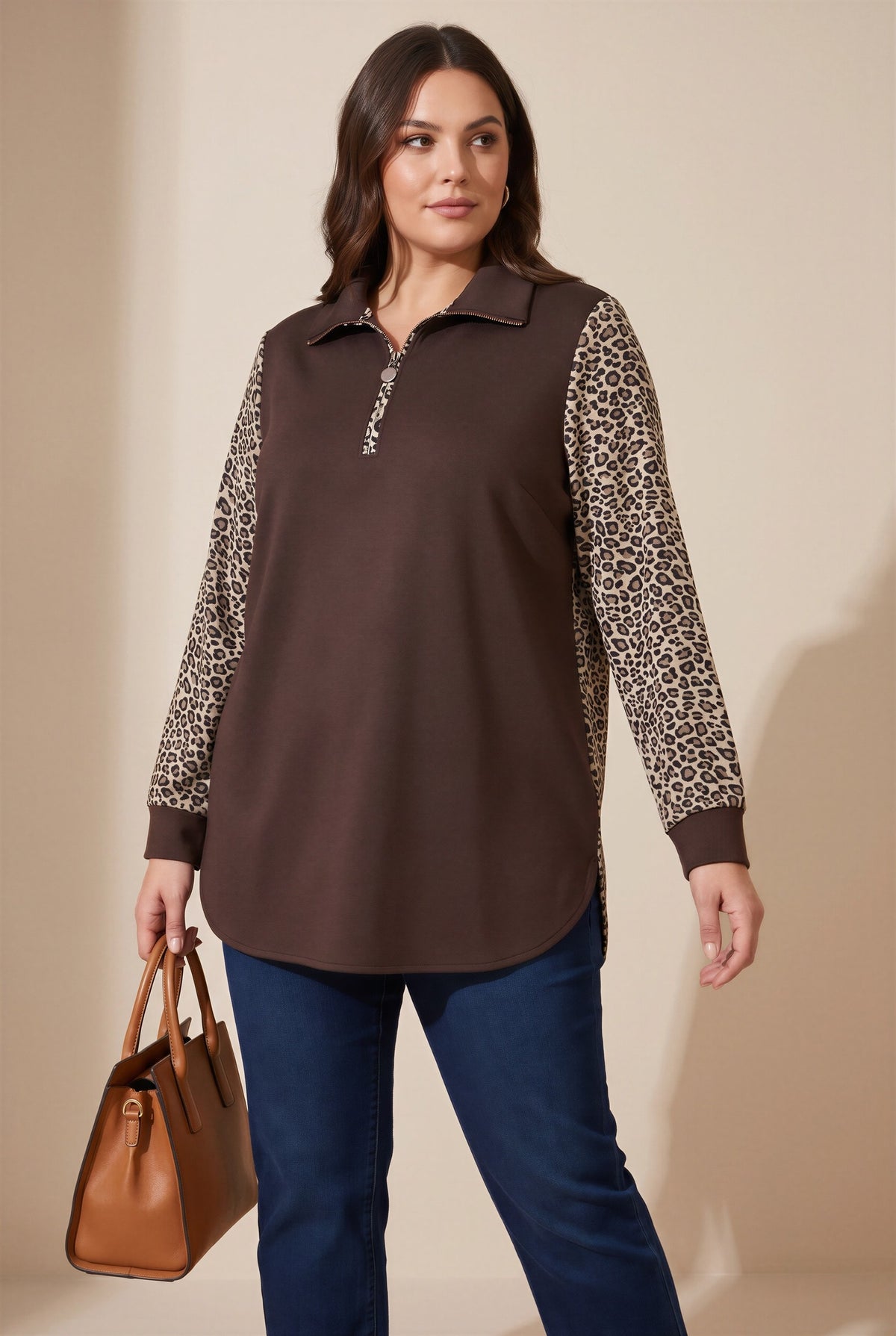 Kol Leopar Desenli Fermuar Yaka Büyük Beden Sweatshirt Kahve