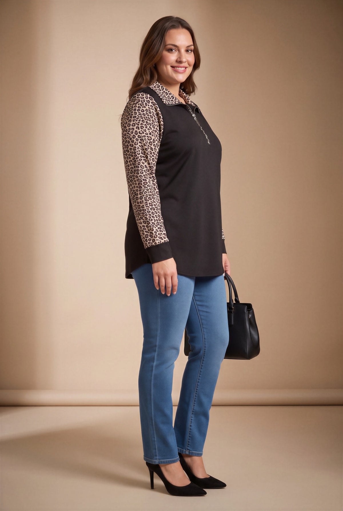 Kol Leopar Desenli Fermuar Yaka Büyük Beden Sweatshirt Siyah