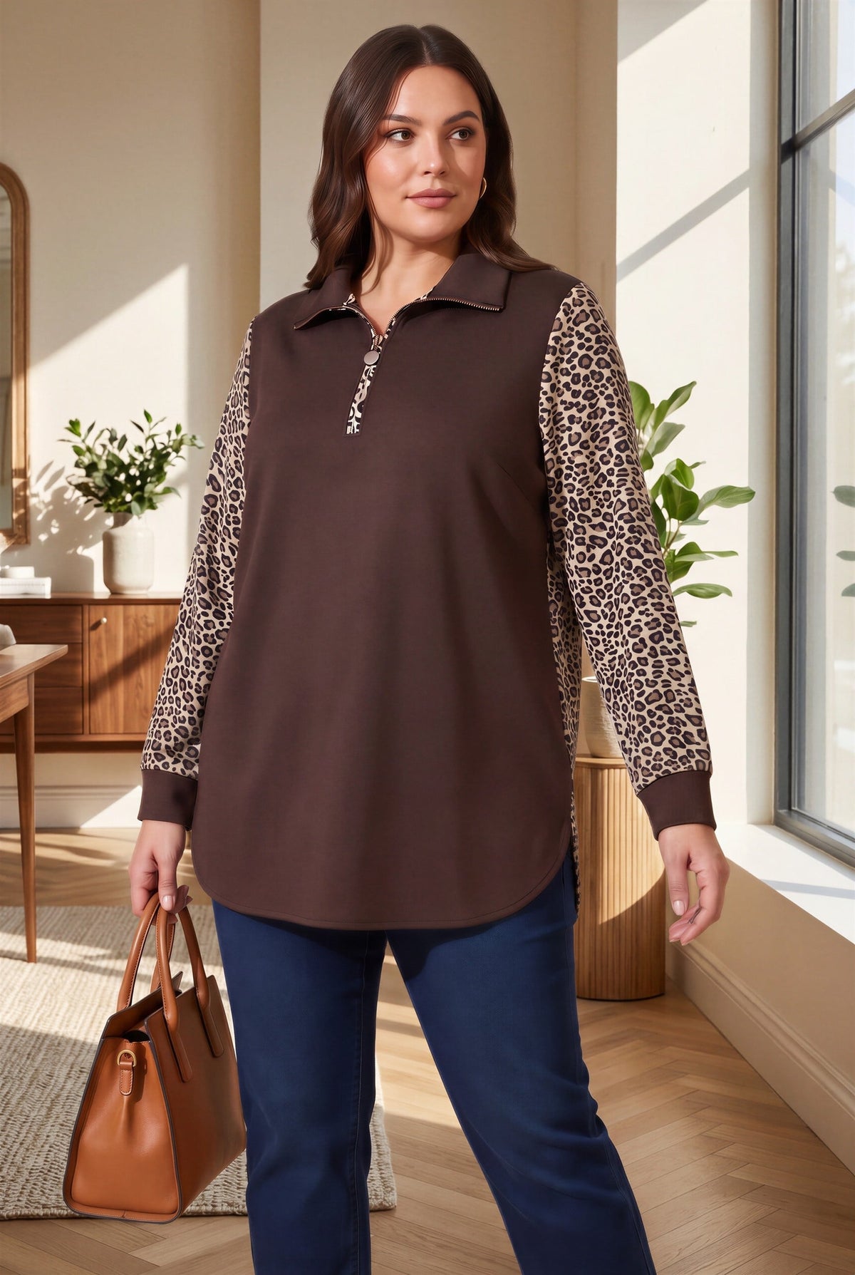 Kol Leopar Desenli Fermuar Yaka Büyük Beden Sweatshirt Kahve