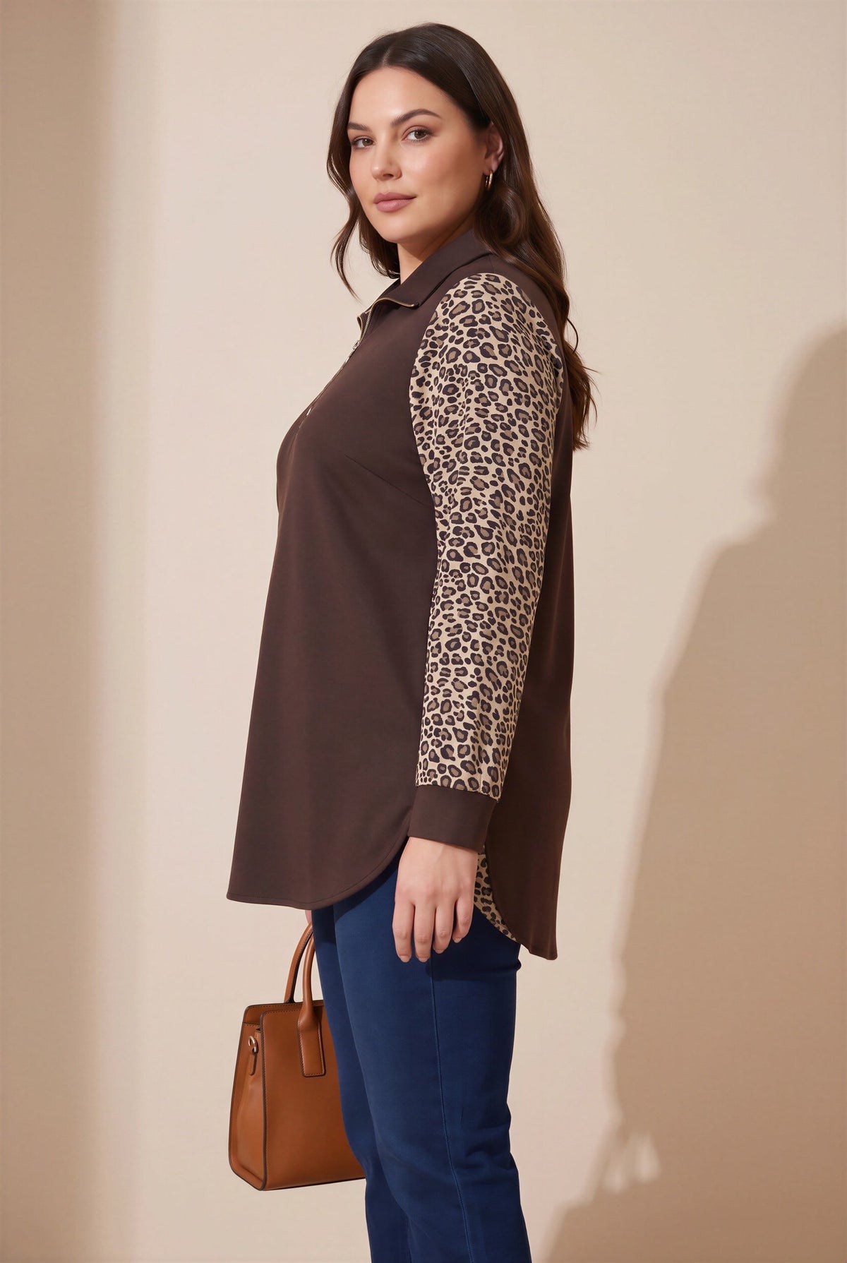 Kol Leopar Desenli Fermuar Yaka Büyük Beden Sweatshirt Kahve