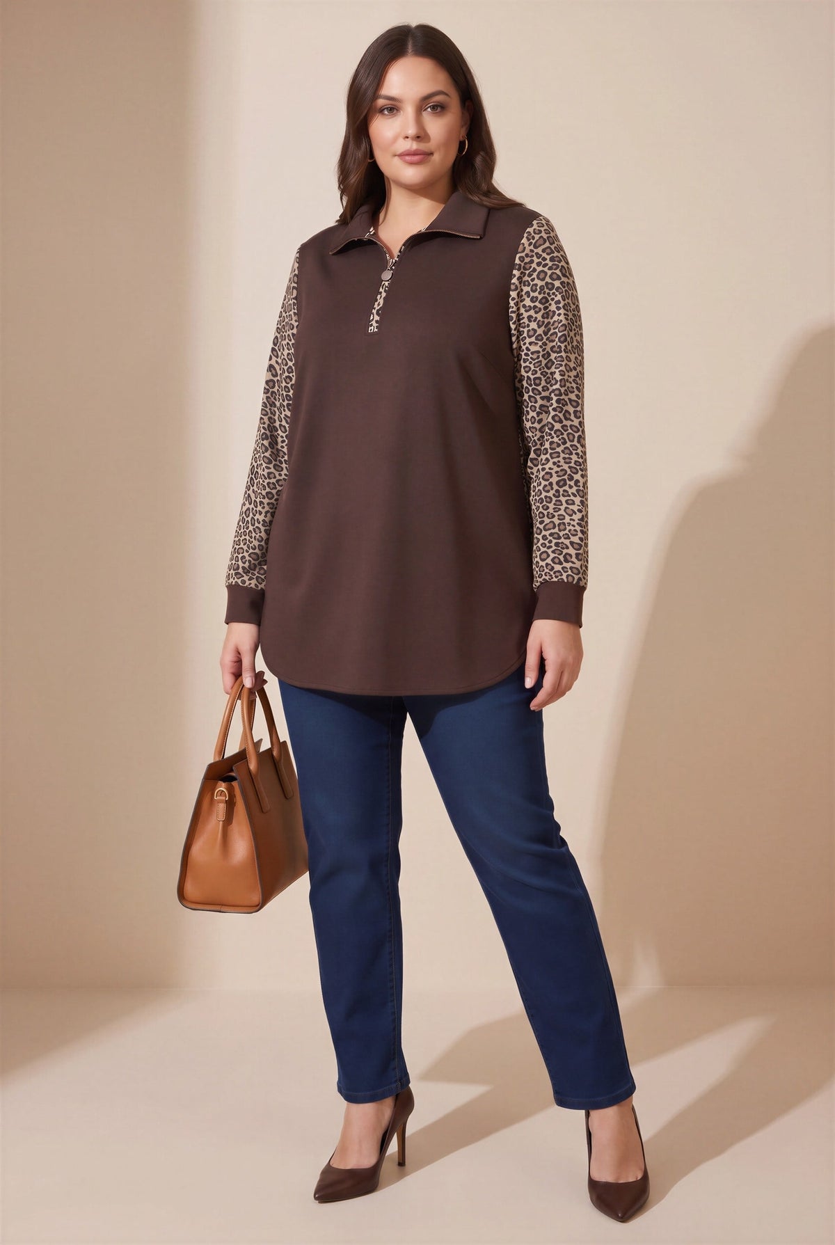 Kol Leopar Desenli Fermuar Yaka Büyük Beden Sweatshirt Kahve