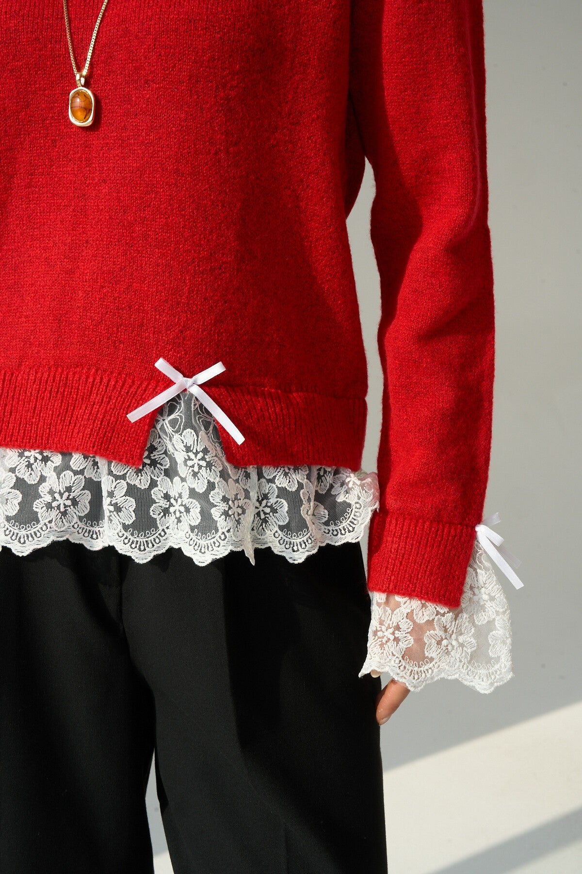Red Sweater with Lace Sleeves and Hem