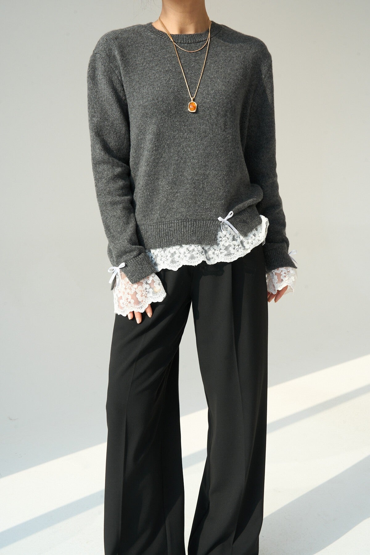 Anthracite Sweater with Lace Trim on Sleeves and Hem