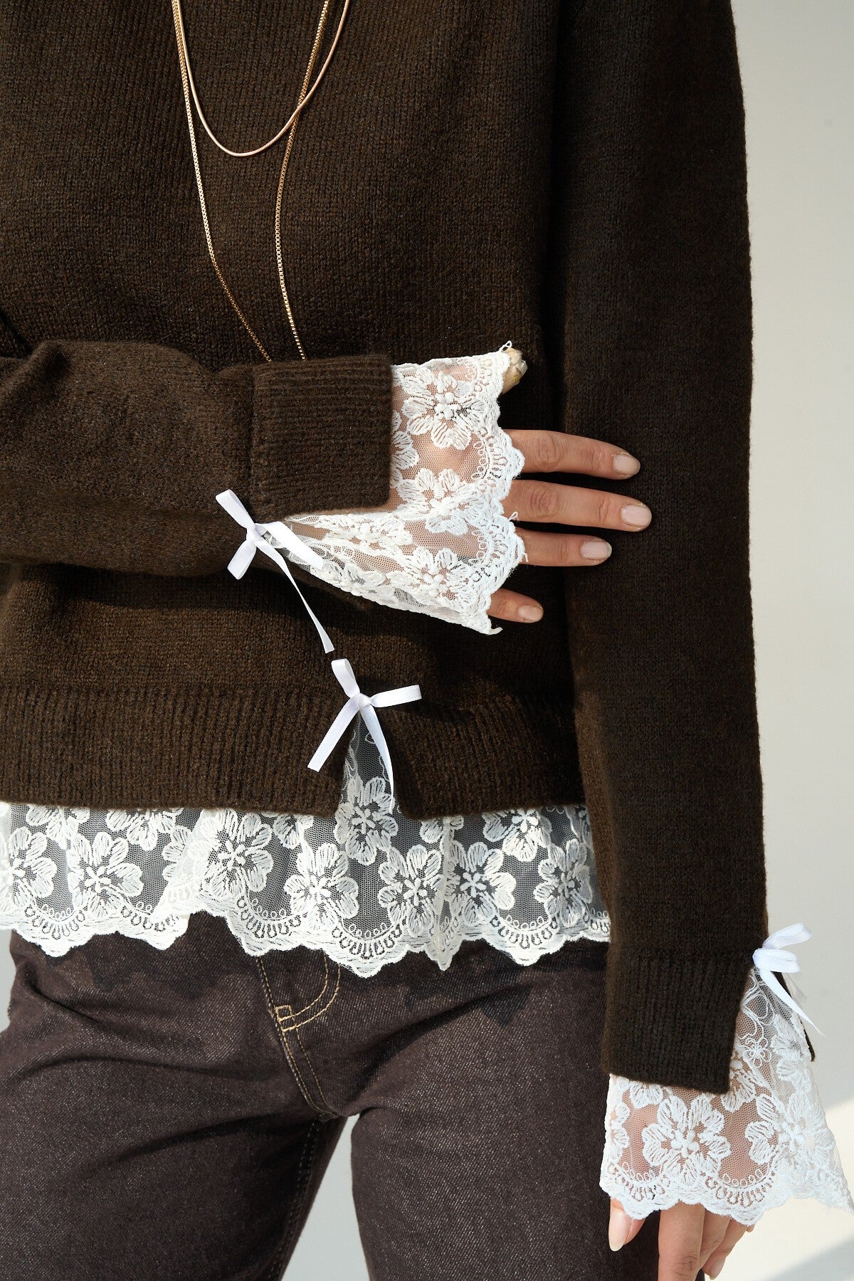 Sweater with Lace Trim on Sleeves and Hem