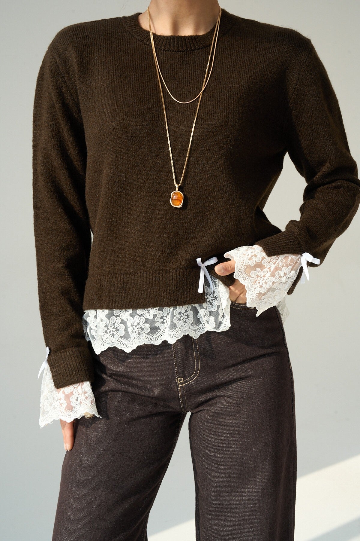 Sweater with Lace Trim on Sleeves and Hem