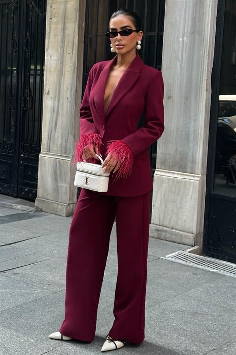 Kolları Tüy Detaylı Premium Double Takım 10279 BORDO L