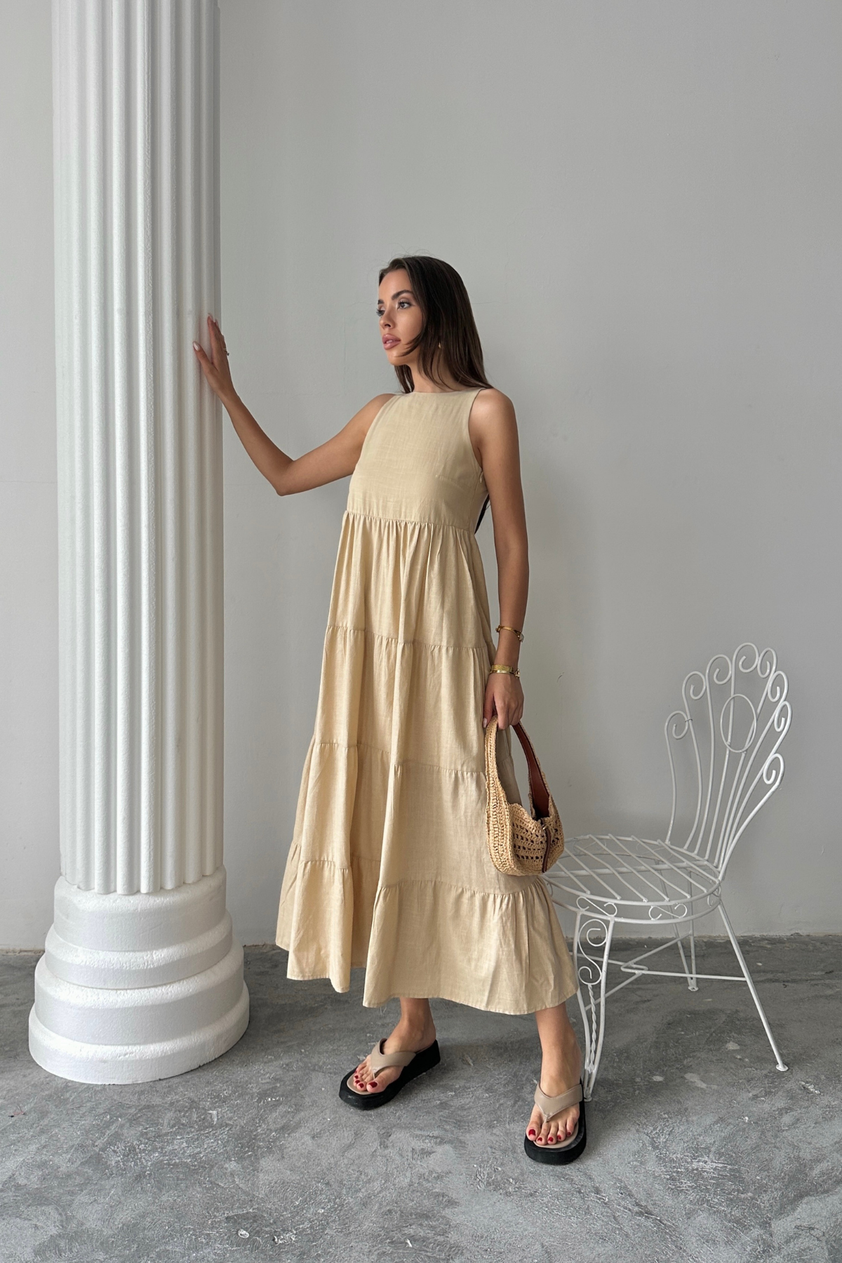 KOLSUZ UZUN FLAM KETEN ELBİSE - Bej