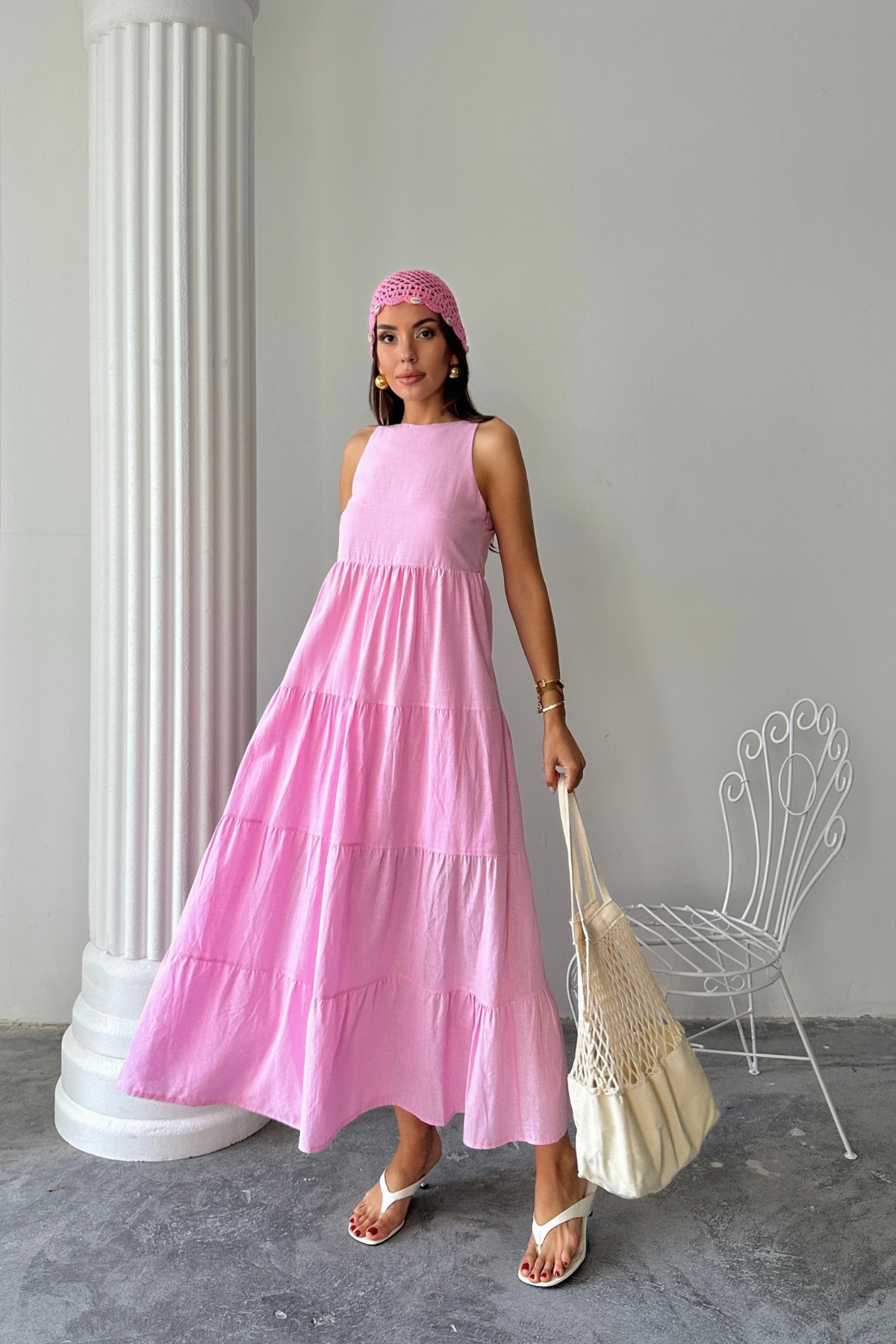 KOLSUZ UZUN FLAM KETEN ELBİSE - Pembe