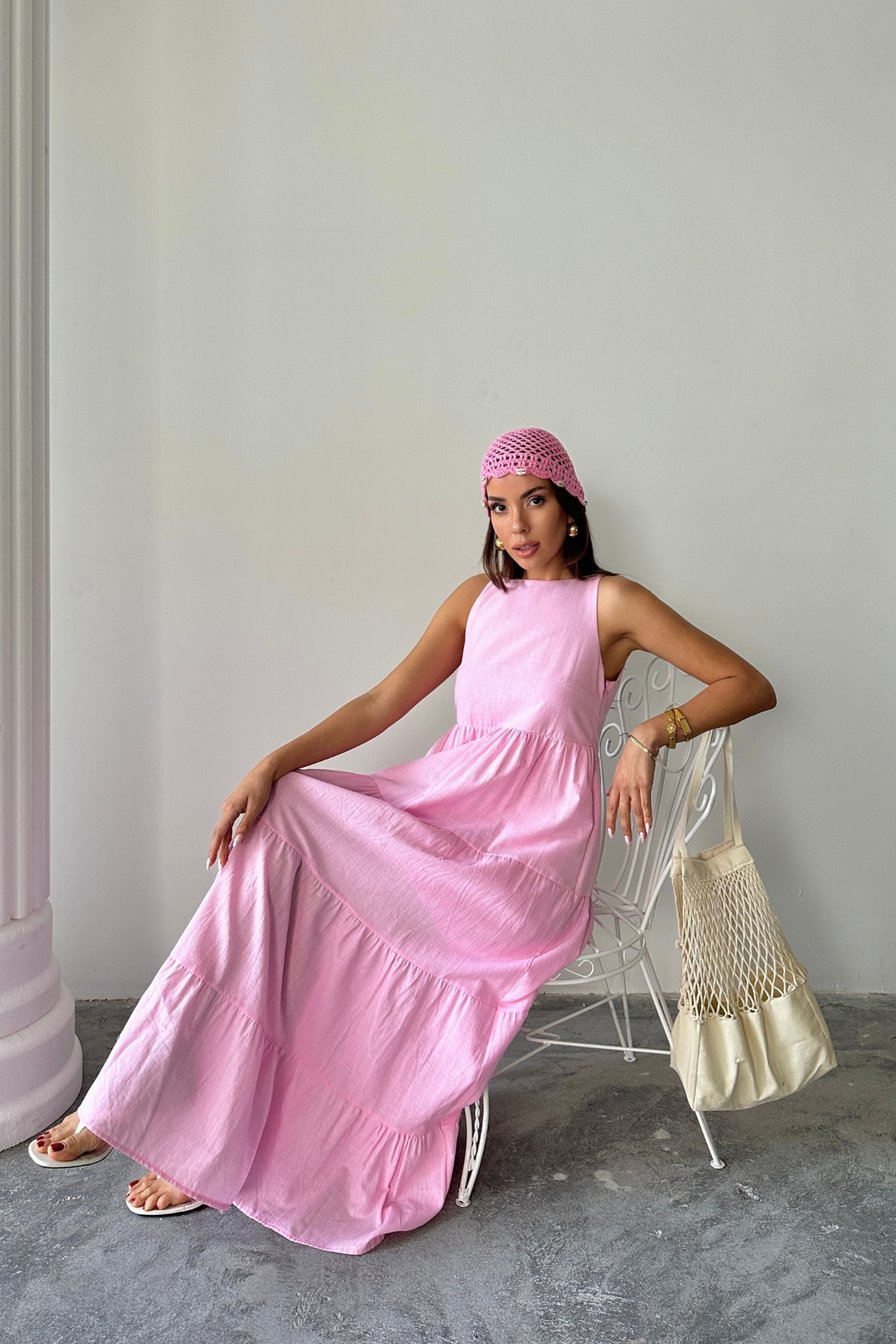 KOLSUZ UZUN FLAM KETEN ELBİSE - Pembe