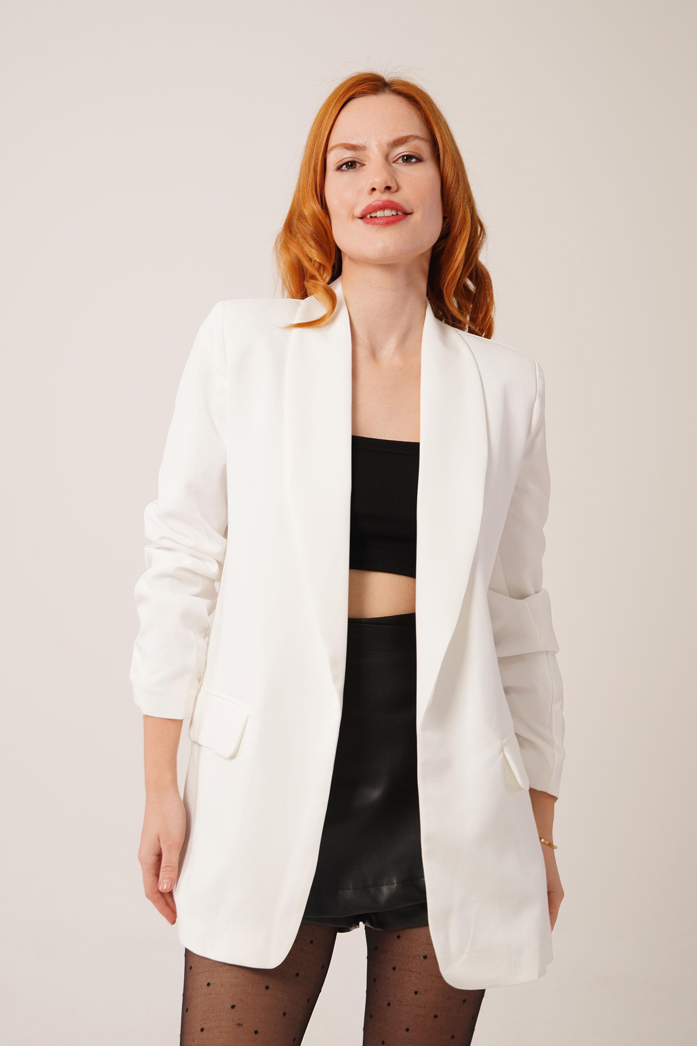 Kolu Büzgülü Toptan Beyaz Blazer Ceket Beyaz S