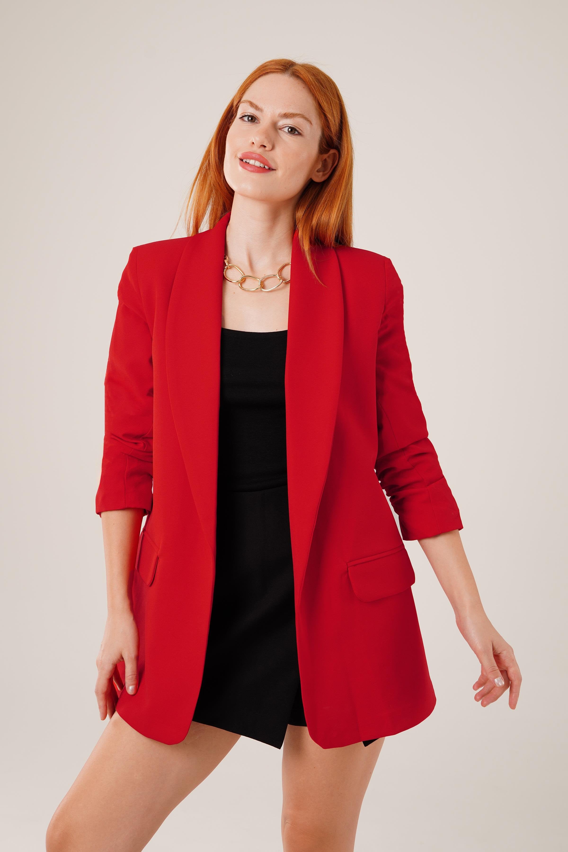 Kolu Büzgülü Toptan Kırmızı Blazer Ceket Kırmızı S