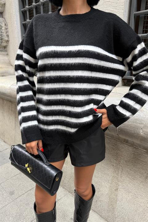 Kontrast Çizgili Triko Kazak 1371