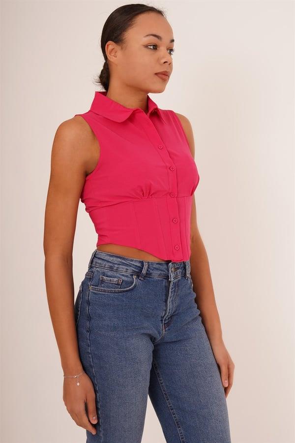 Korse Detay Kısa Kollu Toptan Fuşya Gömlek