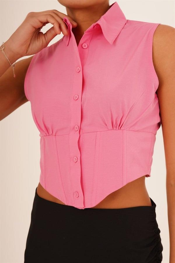 Korse Detay Kısa Kollu Toptan Pembe Gömlek Pembe S