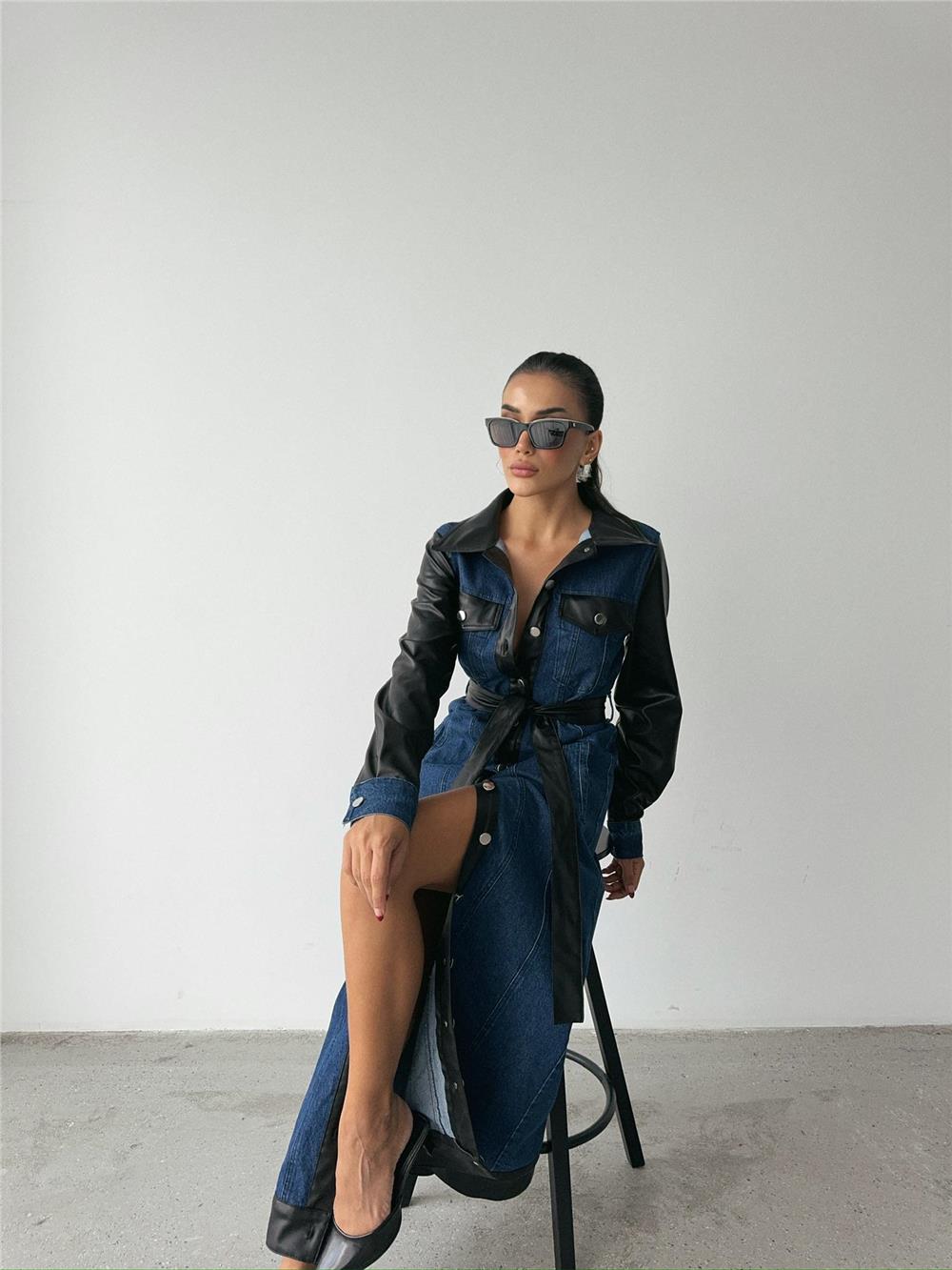 KOT ELBİSE UZUN ÖNDEN DÜĞMELİ - Mavi