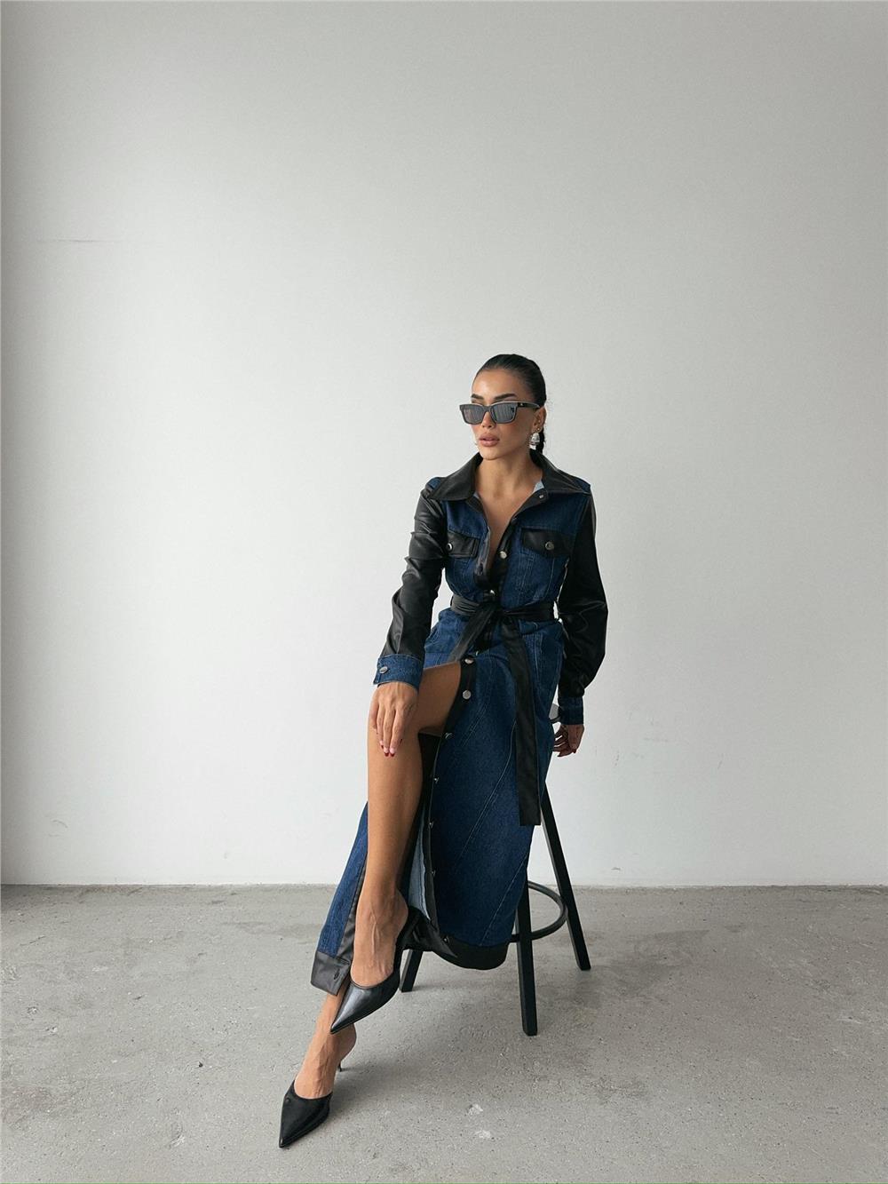 KOT ELBİSE UZUN ÖNDEN DÜĞMELİ - Mavi