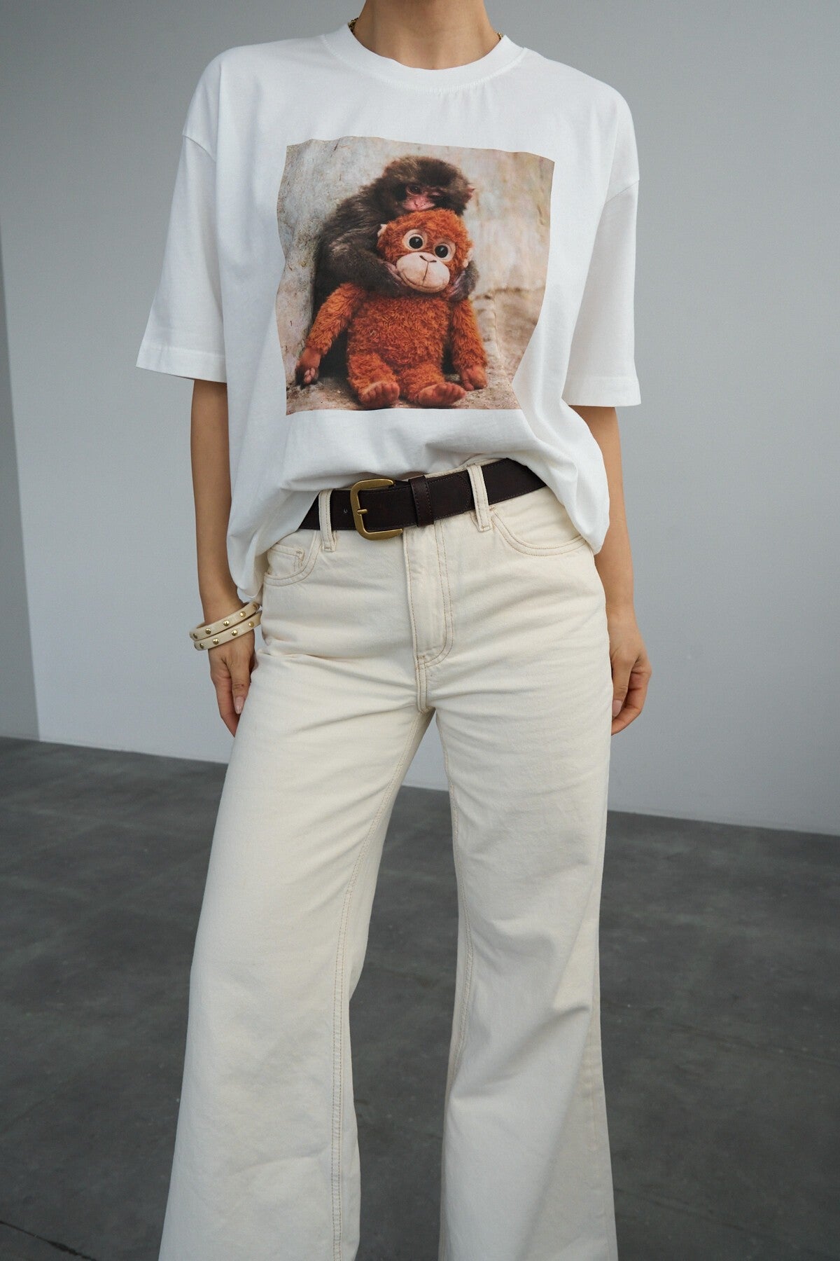 Krem Baby Monkey Baskı T-Shirt