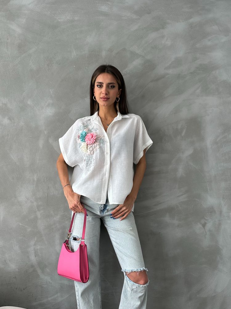 Topshow Krem Çiçek Detaylı Toptan Gömlek
