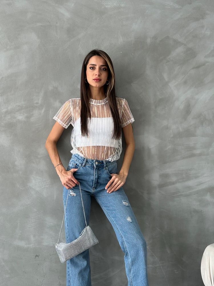 Topshow Krem Pullu Tül Toptan Tişört