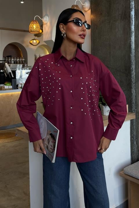 Kristal Taş Çakımlı Poplin Gömlek 3413 BORDO L