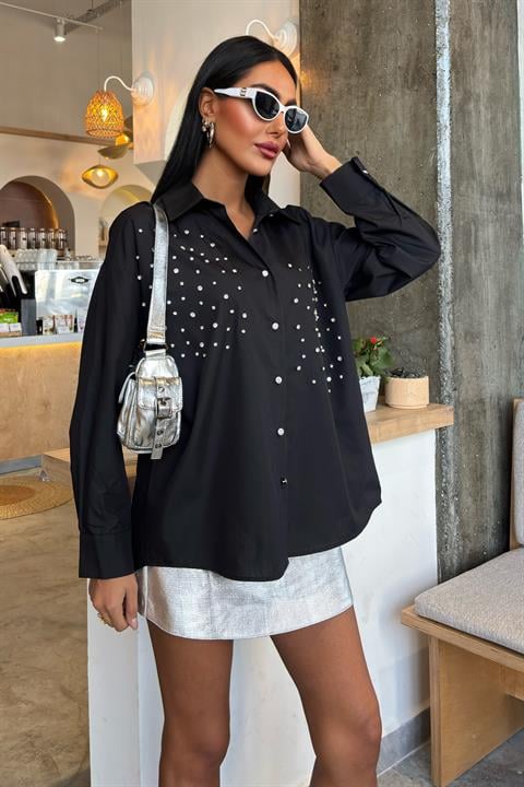 Kristal Taş Çakımlı Poplin Gömlek 3413 SİYAH L