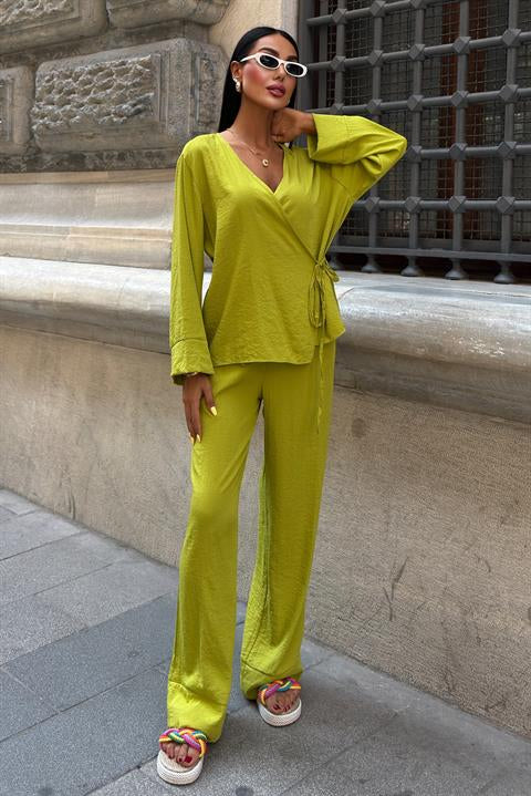 Kruvaze Model Klasik Pantolonlu Çupra Keten Takım 10191