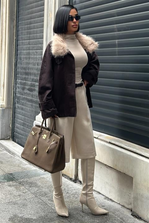 Kürk Yakalı Oversize Ceket 6135-08
