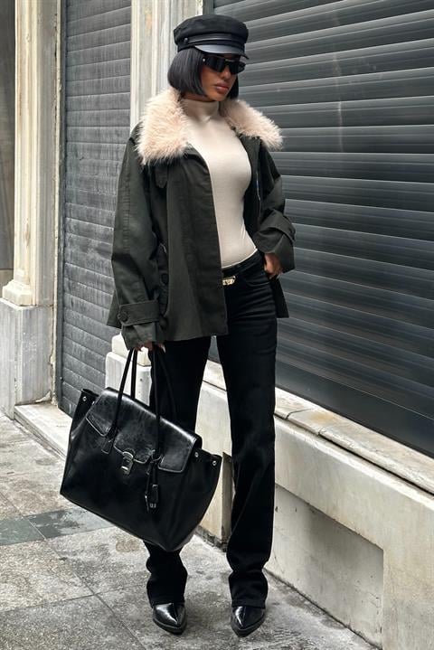 Kürk Yakalı Oversize Ceket 6135-08 HAKİ L