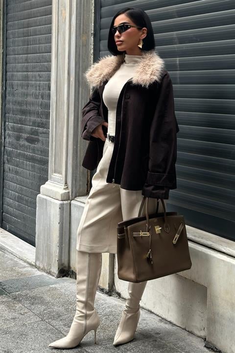 Kürk Yakalı Oversize Ceket 6135-08 KOYU KAHVE L