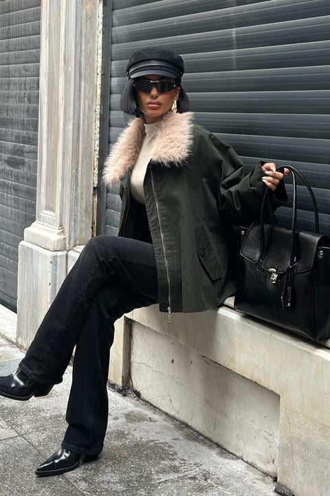 Kürk Yakalı Oversize Ceket 6135-08