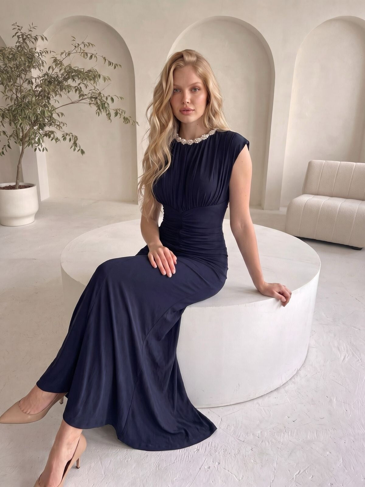 LACİVERT 20730 İNCİ DETAYLI ELBİSE
